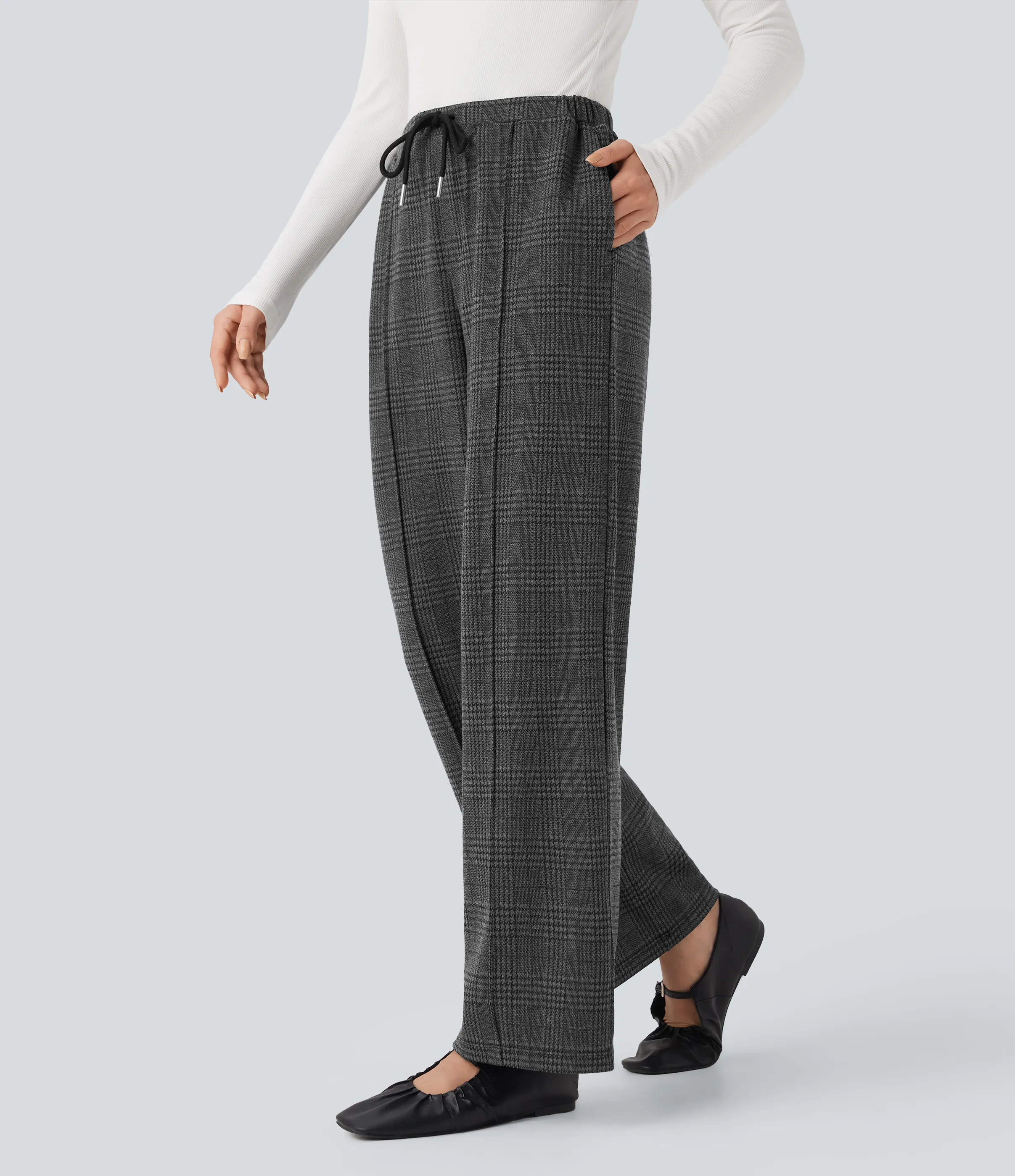 Halara Pantalones de oficina rectos Halara Flex™ de tiro medio con cordón a cuadros y bolsillos - Charcoal Black Houndstooth Plaid - XL(regular) sold by Halara product image thumbnail 4