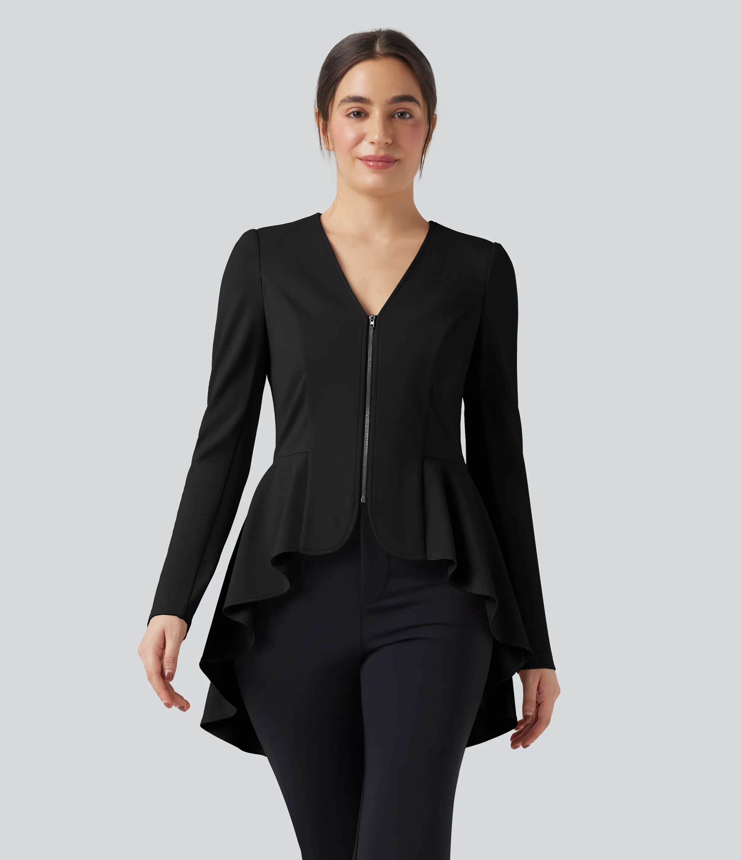 Halara Abrigo de oficina de cuello en V de manga larga con dobladillo fruncido asimétrico - Black - S sold by Halara product image thumbnail 4