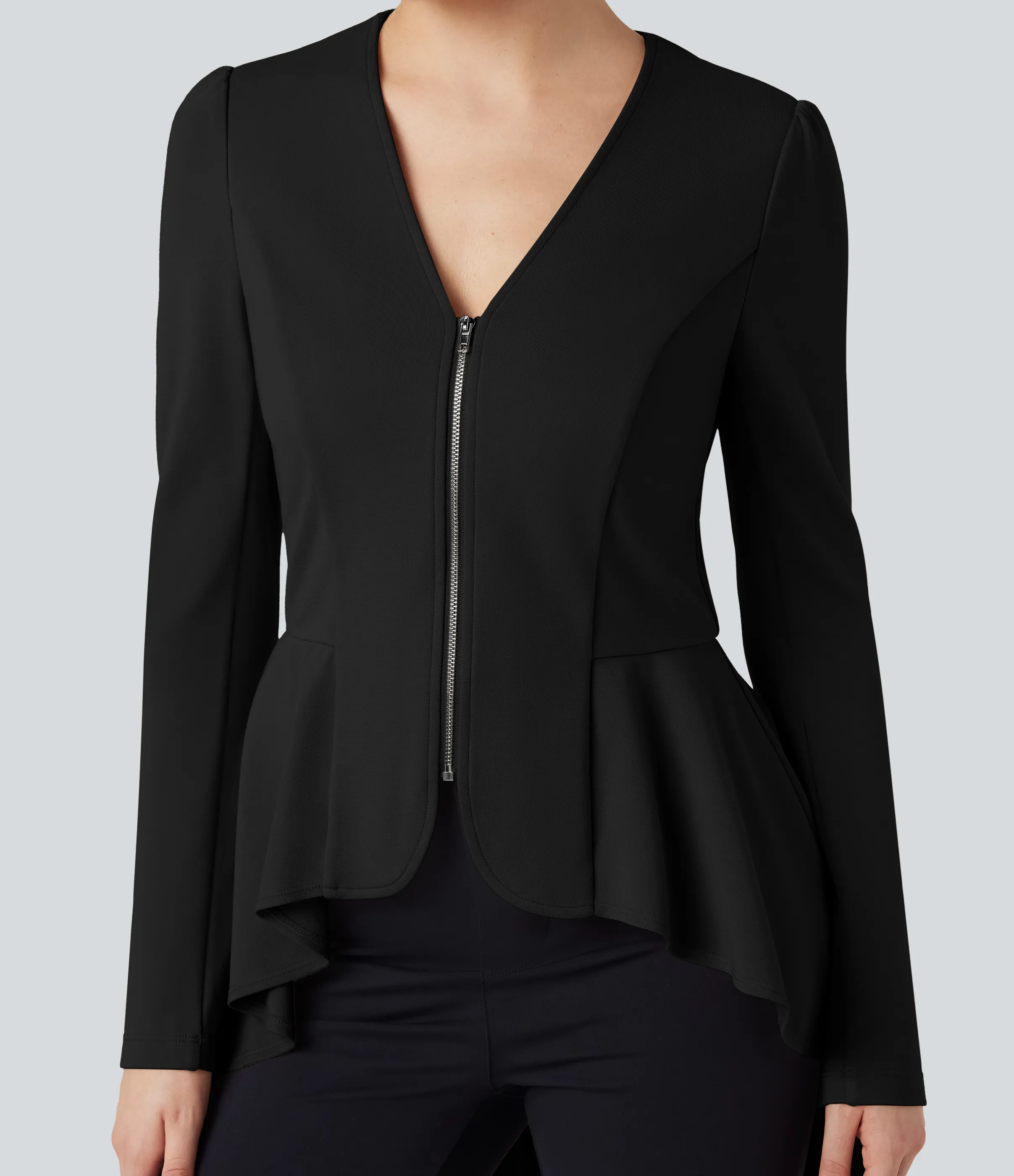 Halara Abrigo de oficina de cuello en V de manga larga con dobladillo fruncido asimétrico - Black - S sold by Halara product image thumbnail 5