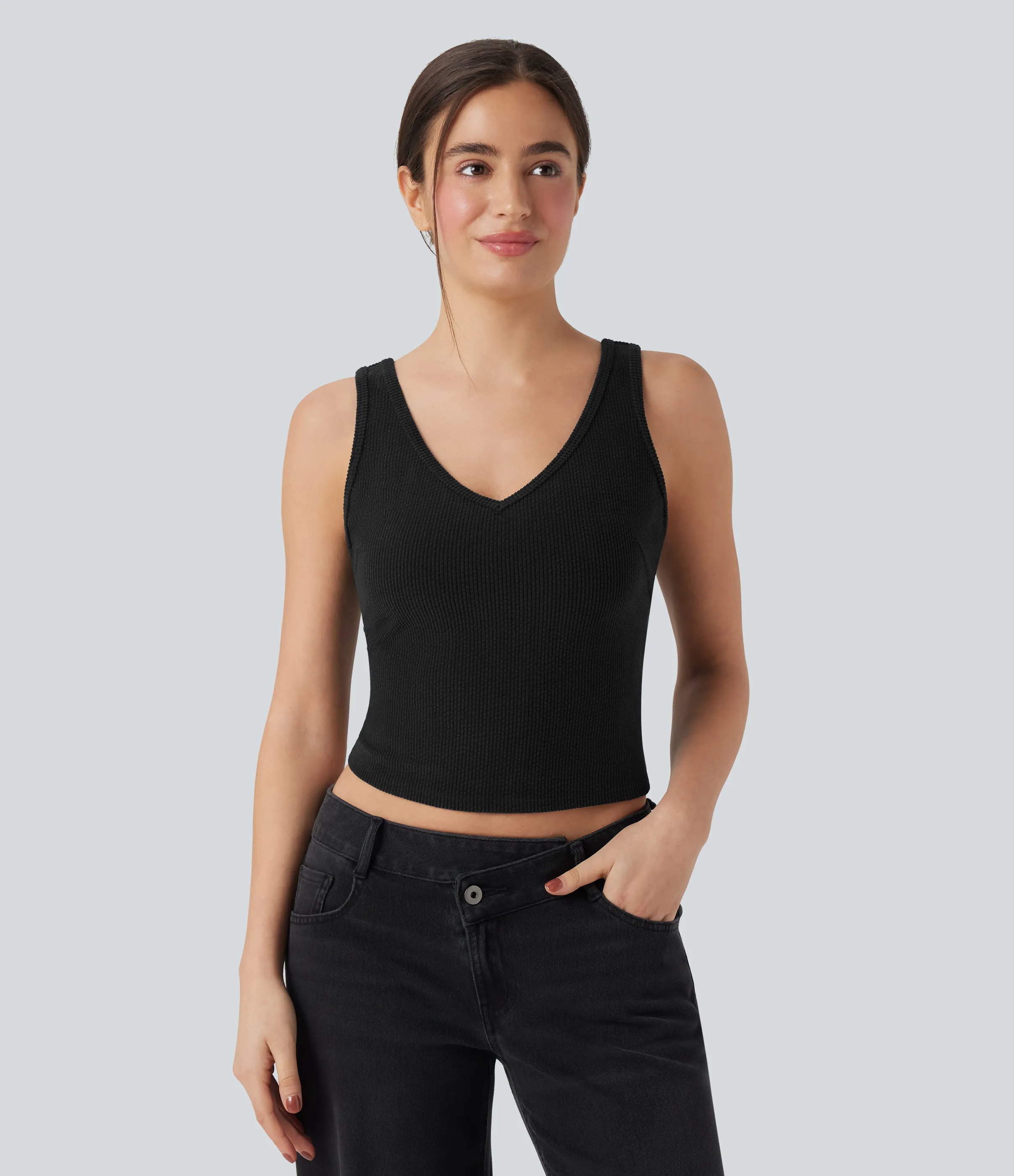 Halara Camiseta casual ajustada de pana con cuello en V - Black - XL sold by Halara product image thumbnail 4