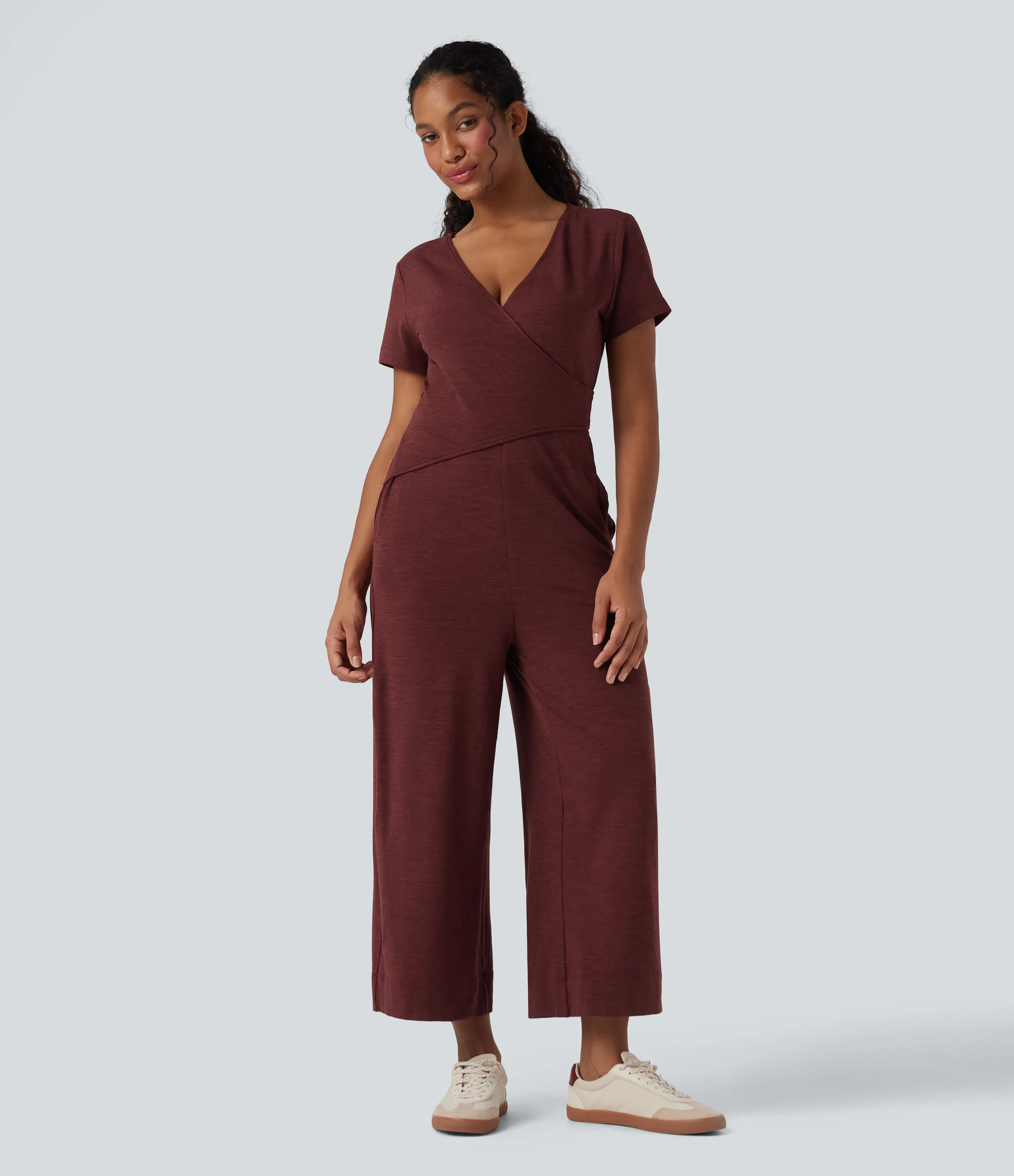 Halara Jumpsuit casual recto con escote en V de manga corta y espalda cruzada con lazo y bolsillos - Mottled Sandalwood Red - XS(regular) sold by Halara product image thumbnail 2