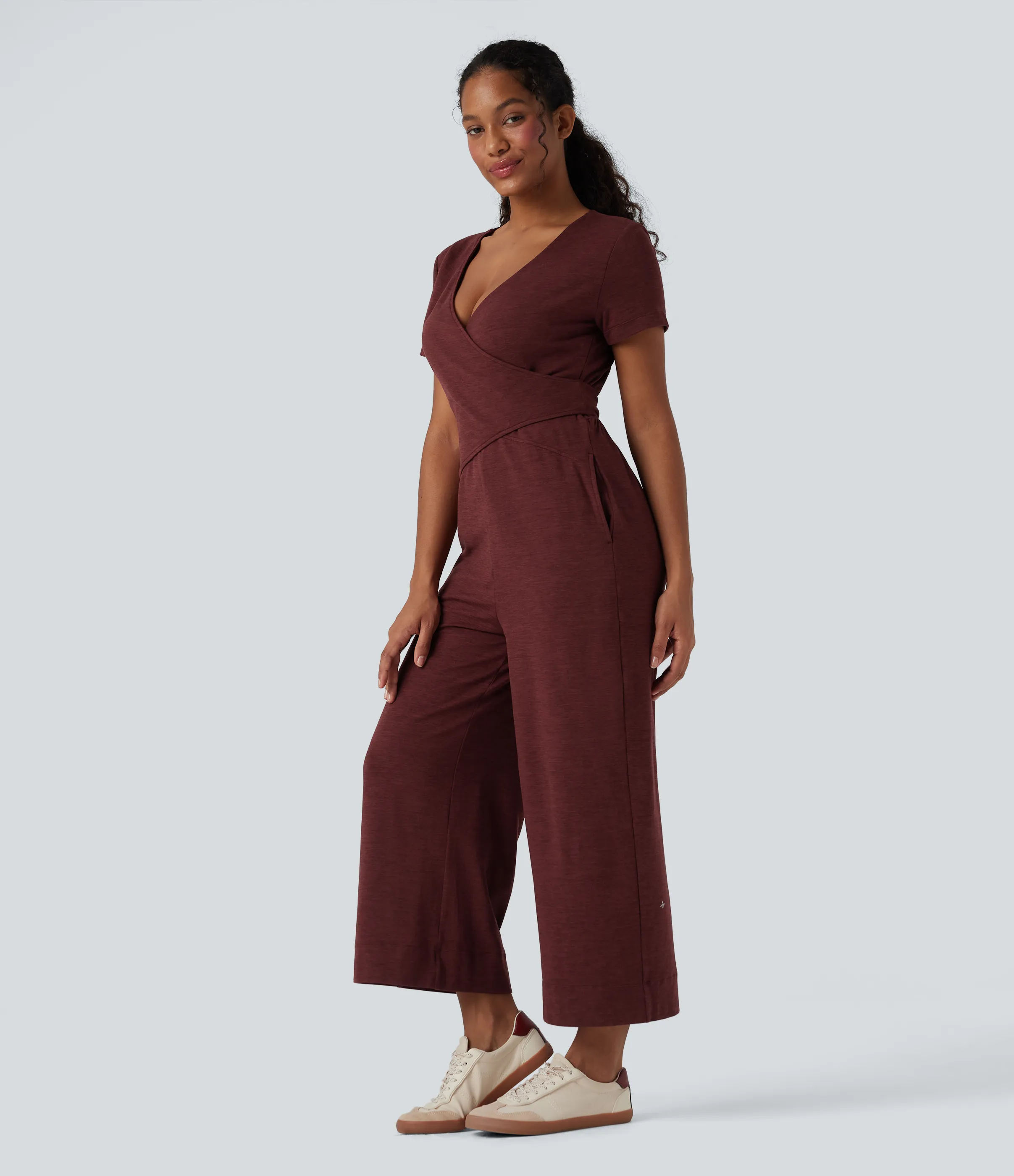 Halara Jumpsuit casual recto con escote en V de manga corta y espalda cruzada con lazo y bolsillos - Mottled Sandalwood Red - XS(regular) sold by Halara product image thumbnail 4