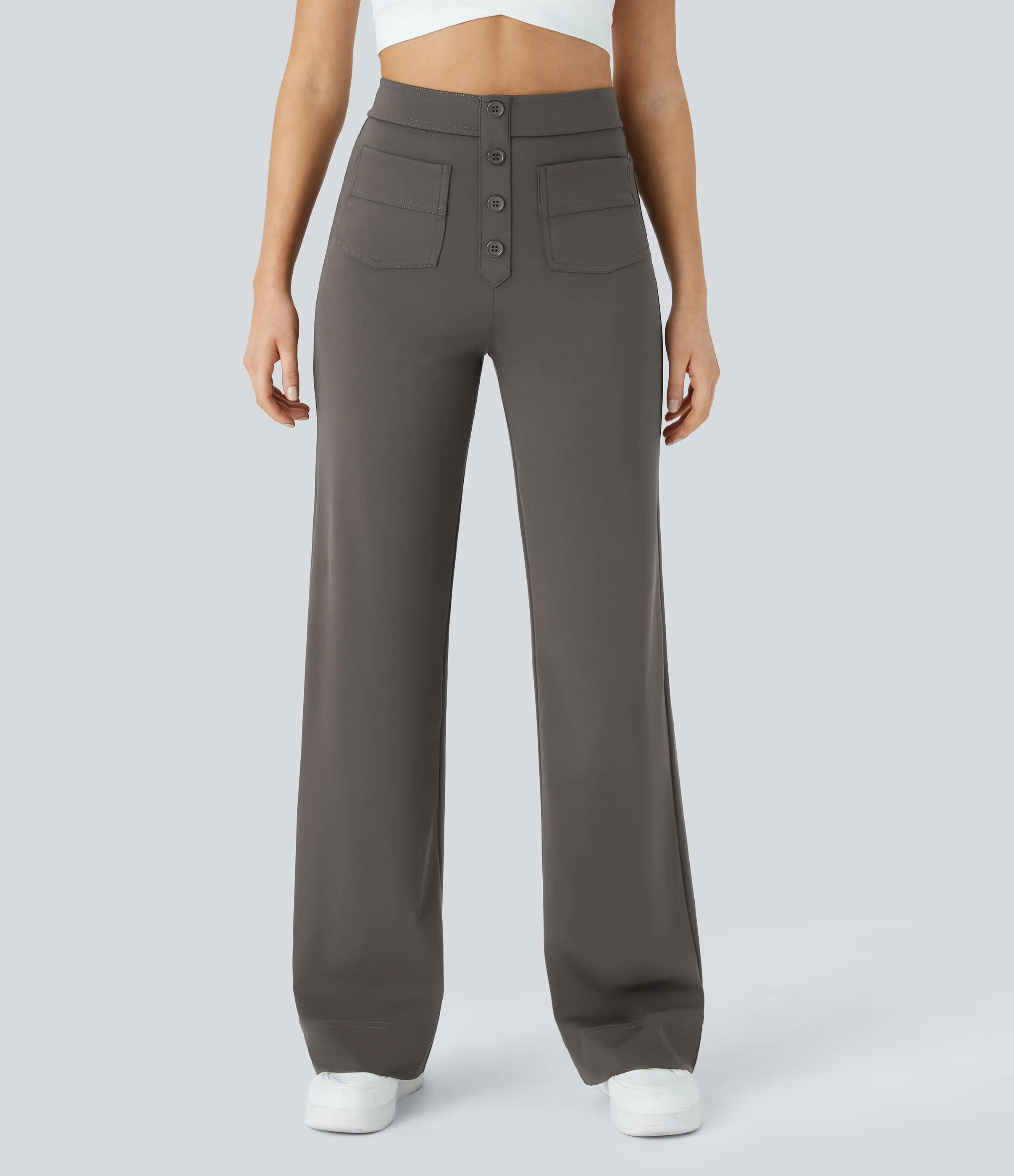 Halara Pantalones pierna recta múltiple bolsillo botón tiro alto - Deep Red Grey - M(regular) sold by Halara product image thumbnail 2