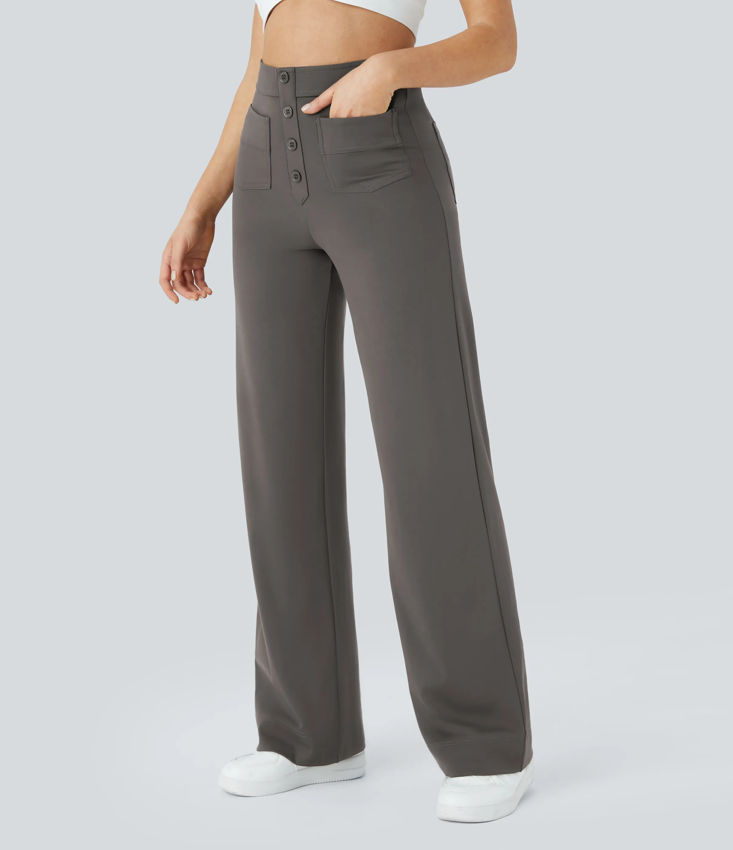 Halara Pantalones pierna recta múltiple bolsillo botón tiro alto - Deep Red Grey - M(regular) sold by Halara product image thumbnail 4