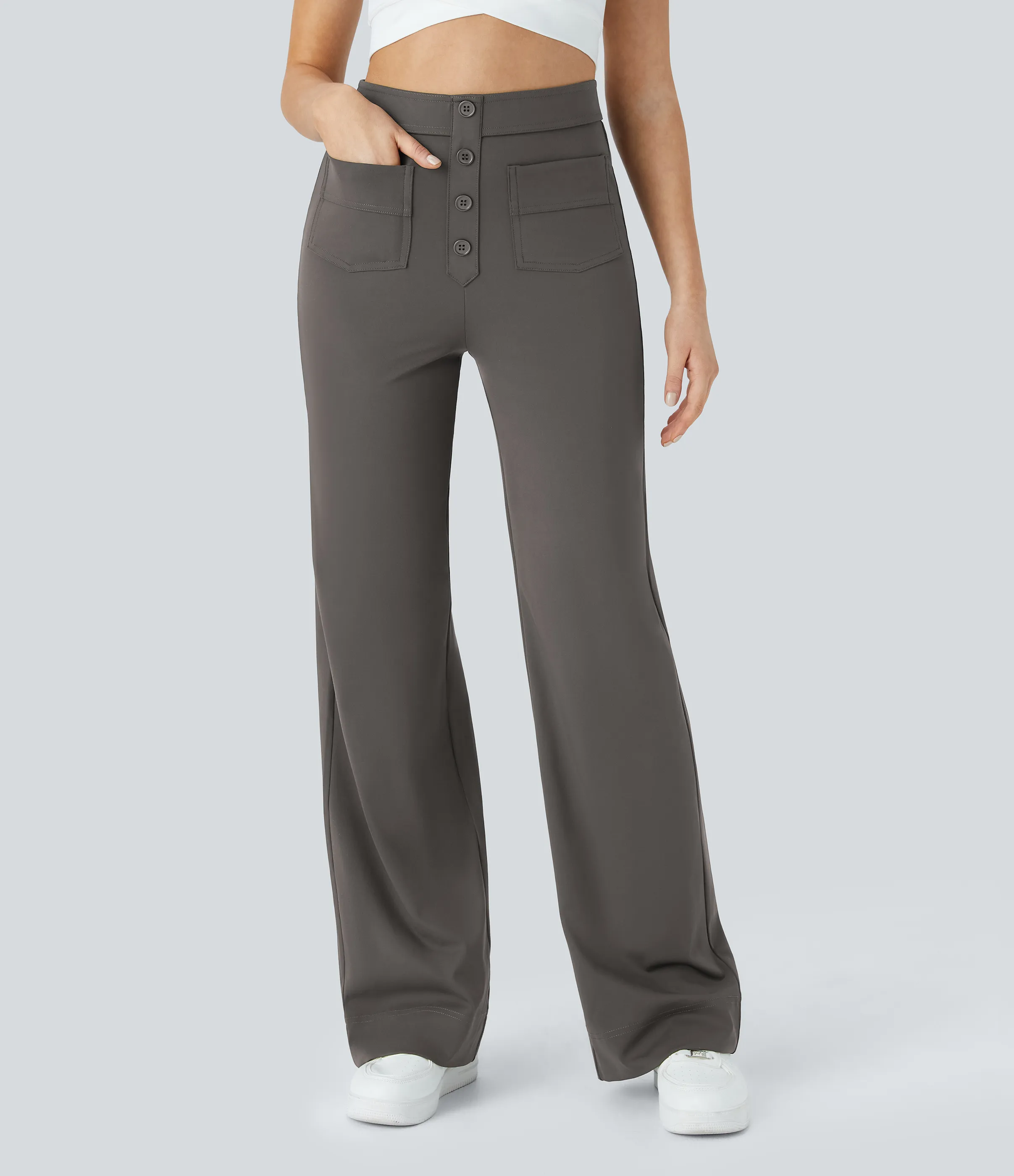 Halara Pantalones pierna recta múltiple bolsillo botón tiro alto - Deep Red Grey - M(regular) sold by Halara product image thumbnail 5