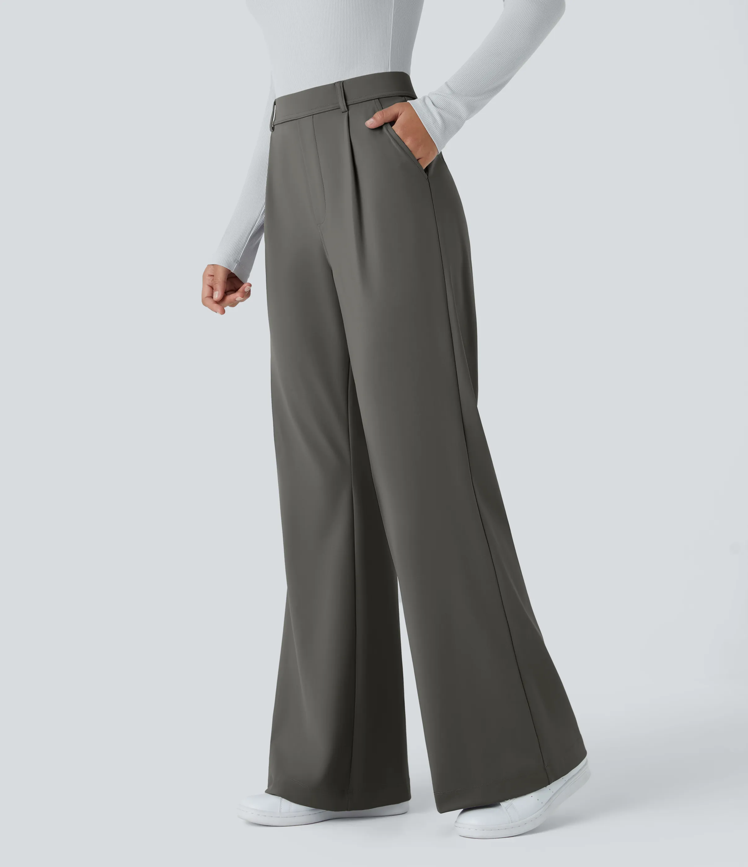 Halara Pantalón oficina acampanado bolsillo lateral tiro alto - Deep Red Grey - XL(petite) sold by Halara product image thumbnail 4