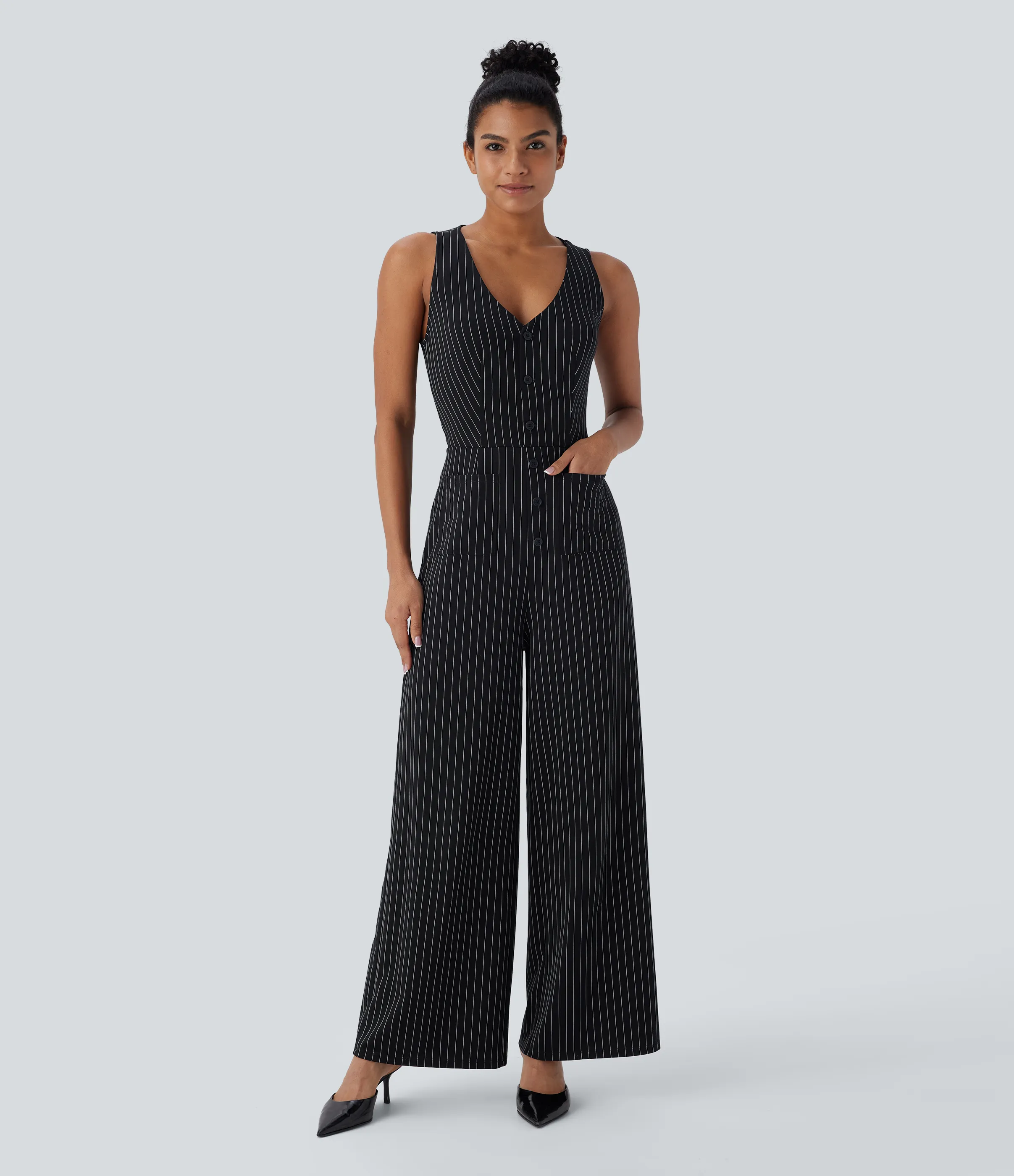 Halara Mono oficina cuello V sin mangas bolsillo delantero recortado pierna ancha rayas tacto fresco - Black White Pinstripe - XL(regular) sold by Halara product image thumbnail 2