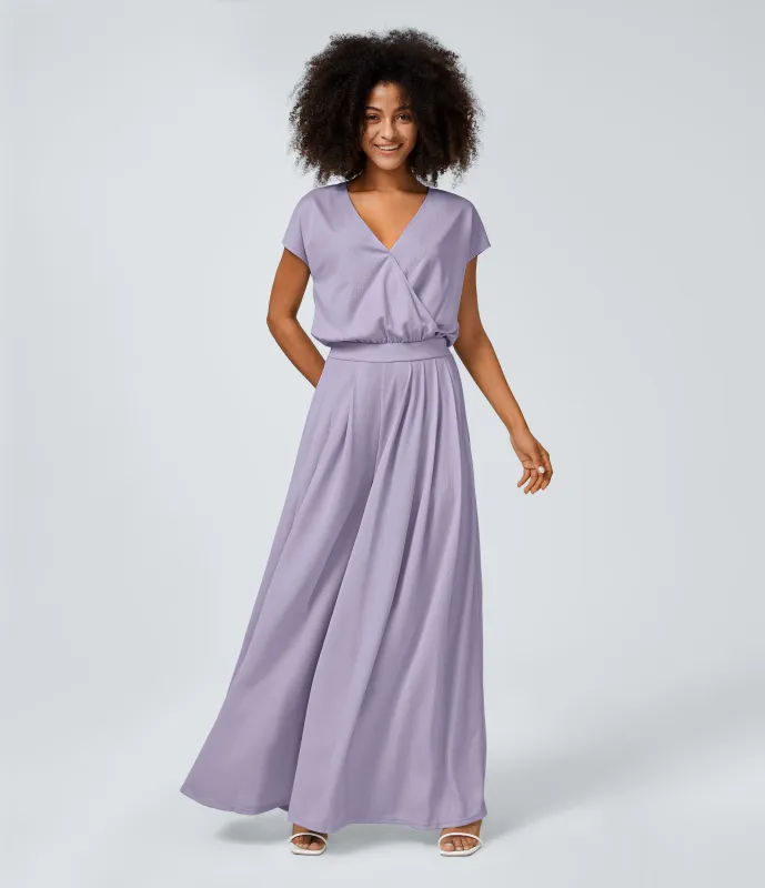 Halara Mono cuello V manga corta bolsillo lateral plisado pierna ancha - Mashed Taro purple - S(regular) sold by Halara