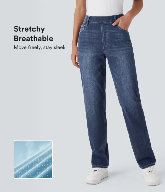 Halara Jeans Halara Flex™ Denim elásticos de tiro alto descoloridos con múltiples bolsillos - Paint Blue Denim - L(petite) sold by Halara