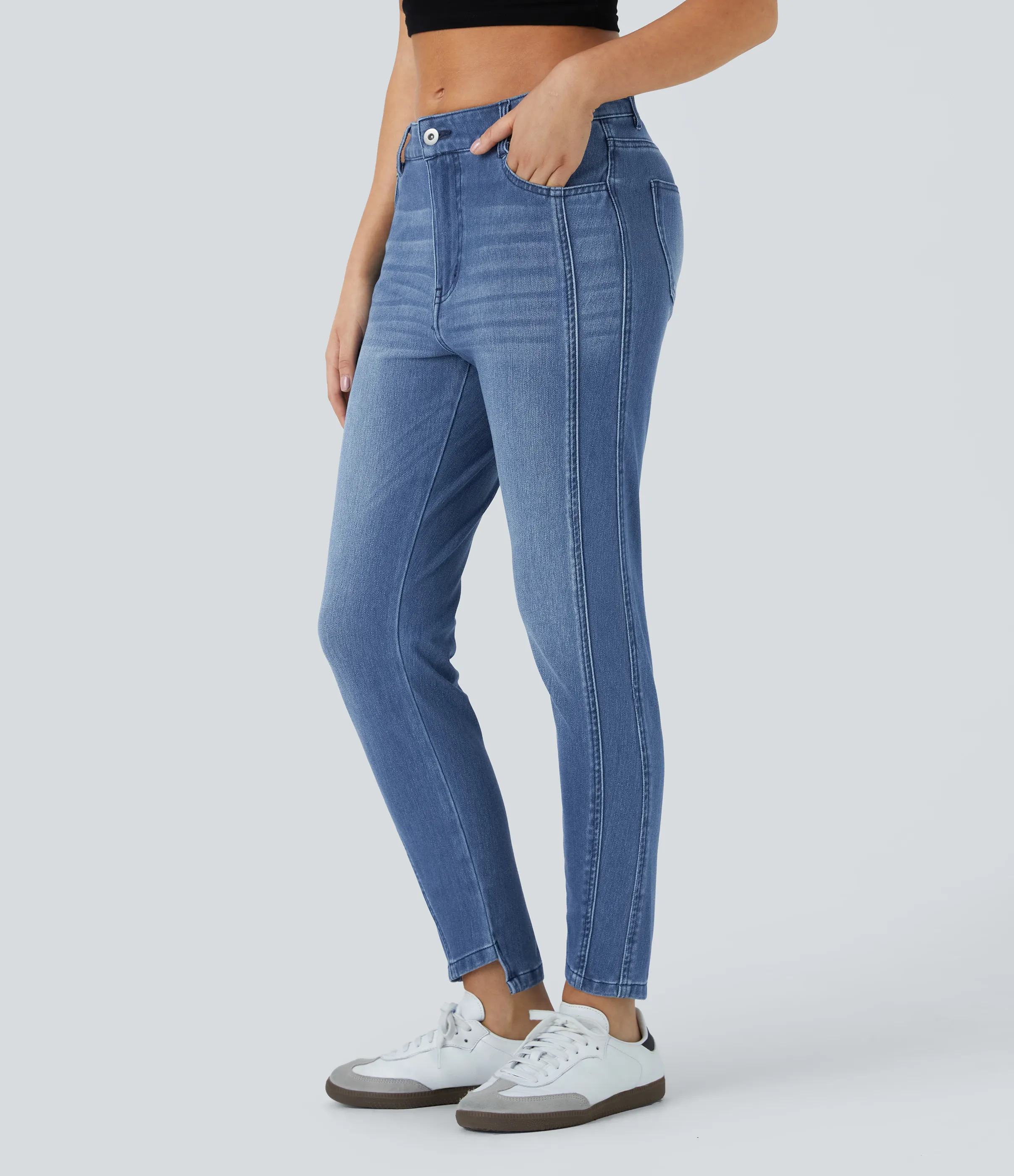 Halara Jeans Halara Flex™ ajustado elástico cremallera botón múltiple bolsillo - Cedar Blue Denim - XL(petite) sold by Halara