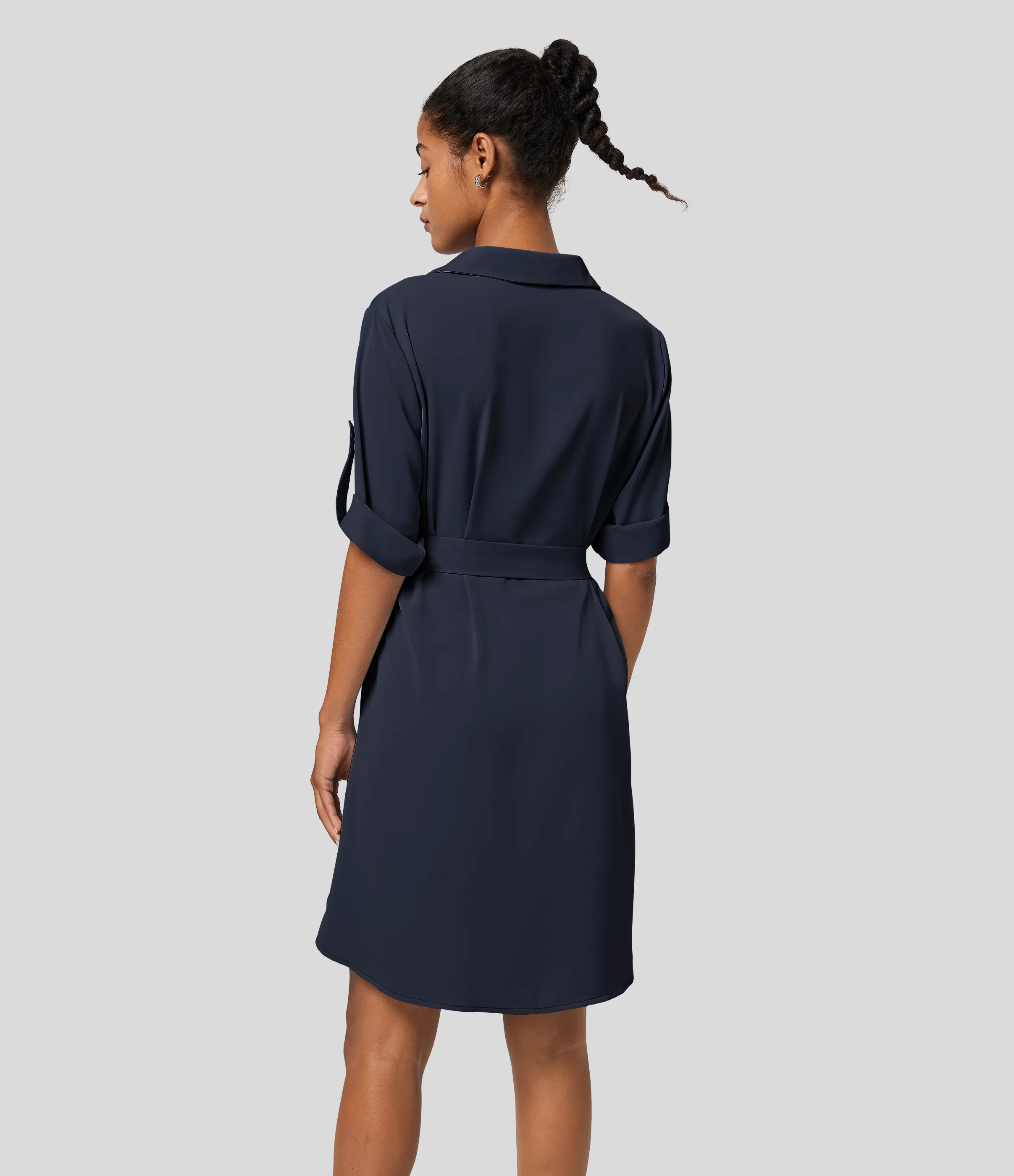 Halara Vestido camisero oficina midi cinturón manga enrollada cuello - Patriot Blue - XS sold by Halara product image thumbnail 3