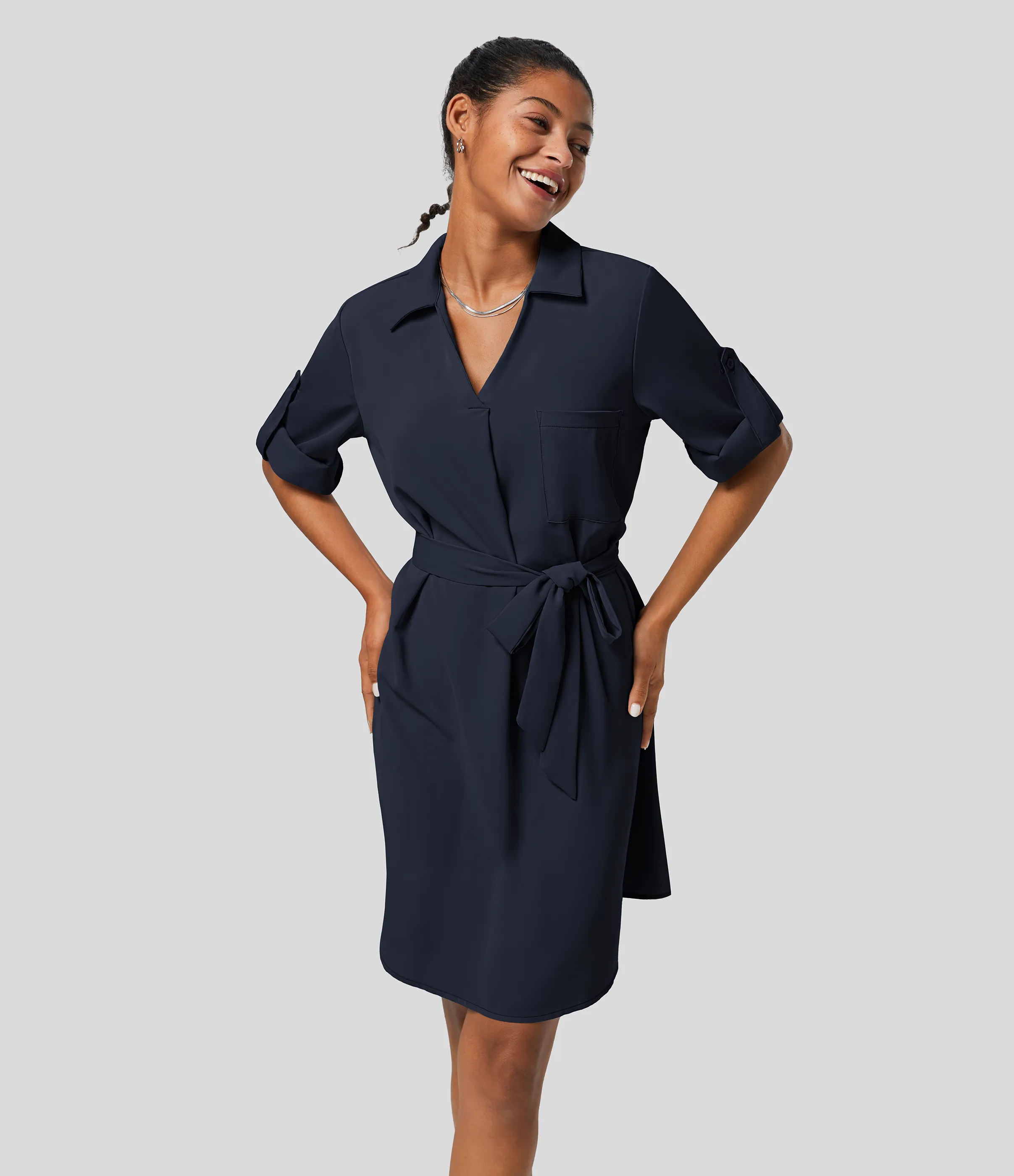 Halara Vestido camisero oficina midi cinturón manga enrollada cuello - Patriot Blue - XS sold by Halara product image thumbnail 5