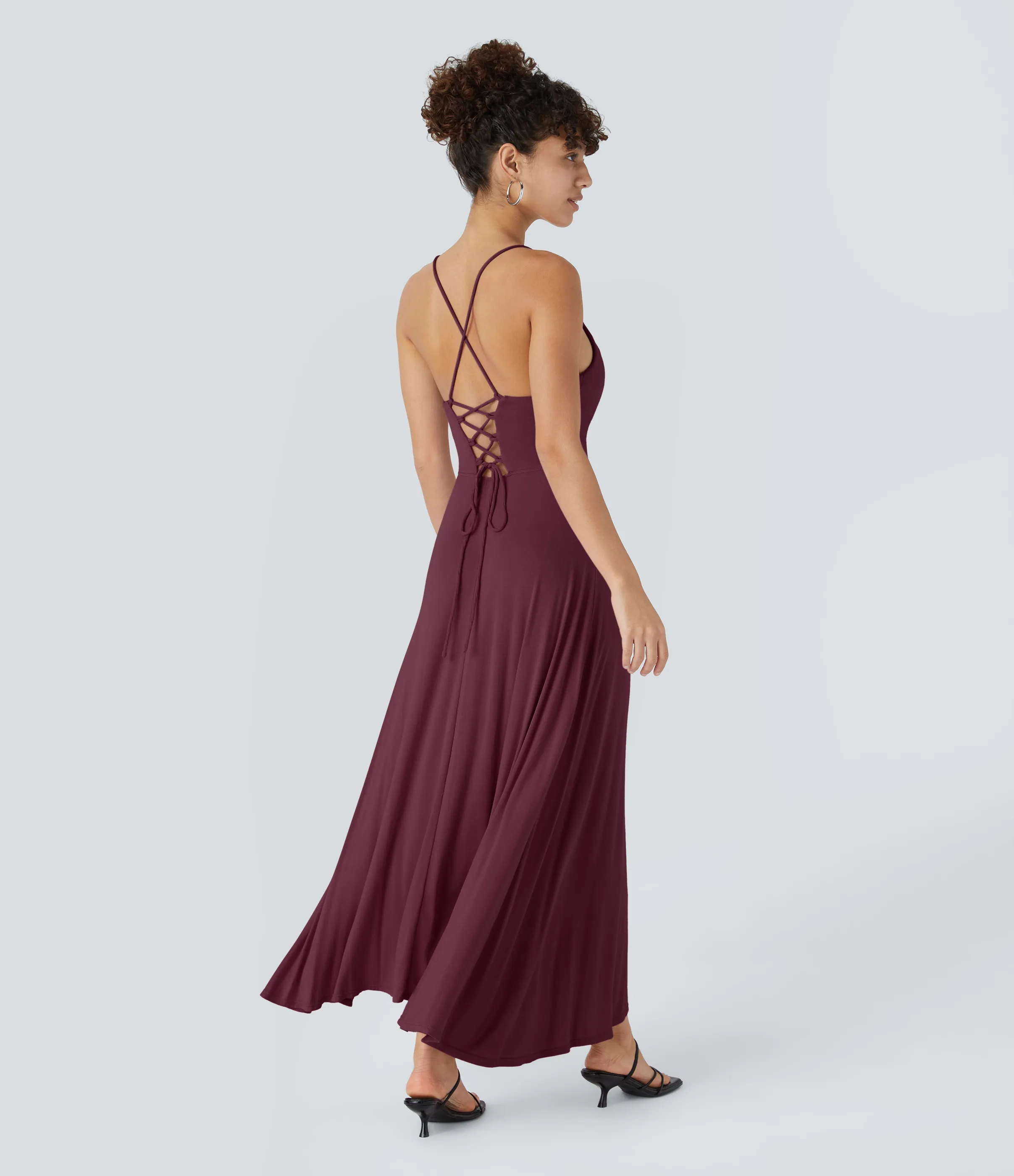 Halara Vestido fiesta midi abertura cordón cruzado sin espalda cuello vuelto acanalado - Maroon Banner - L sold by Halara product image thumbnail 3