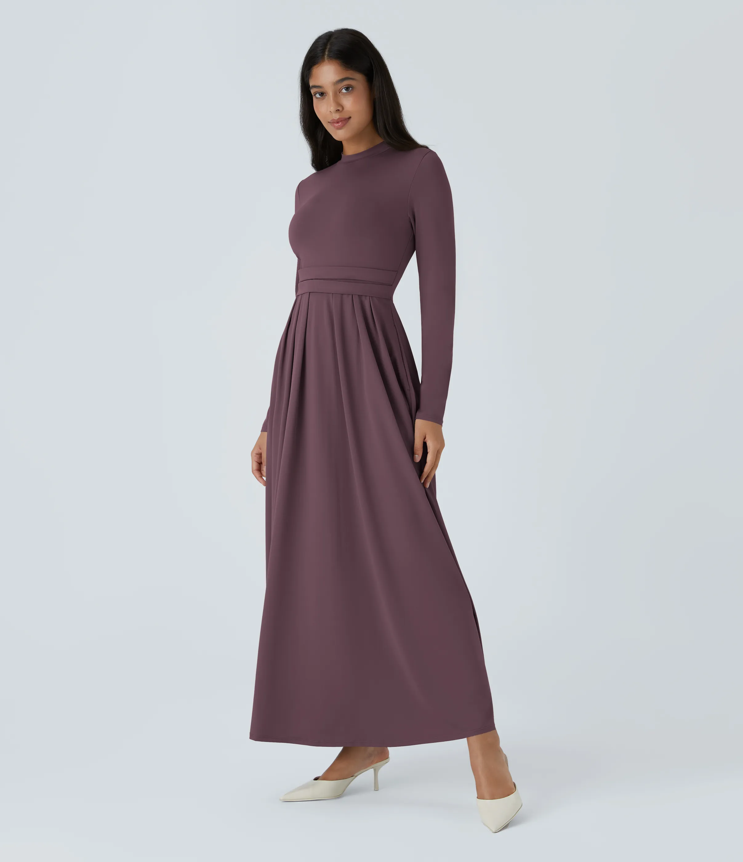 Halara Vestido largo cuello alto manga larga bolsillo lateral plisado acampanado - Plum Wine - XS sold by Halara product image thumbnail 4