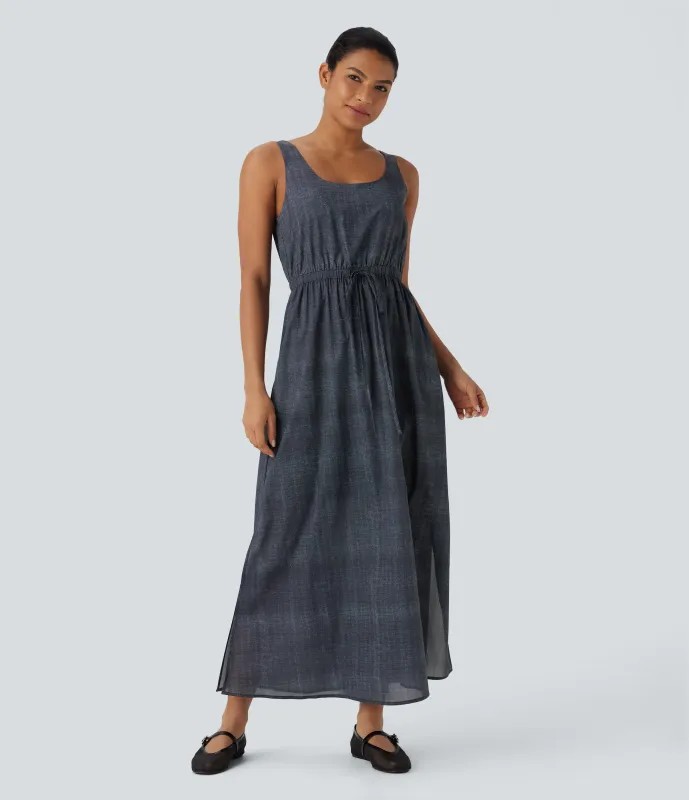 Halara Vestido largo casual sin mangas con espalda abierta, cordón ajustable y bolsillos - Fog Grey Blue - XS sold by Halara