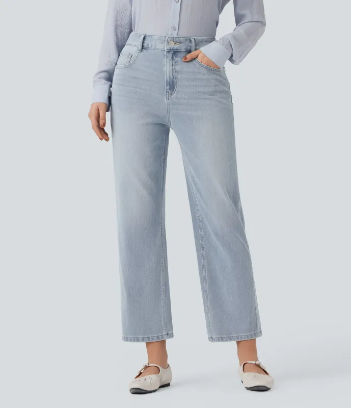 Halara Jeans casuales rectos Halara Flex™ de tiro alto lavado con bolsillos  - Baltic Sea Blue Denim - M(regular) sold by Halara