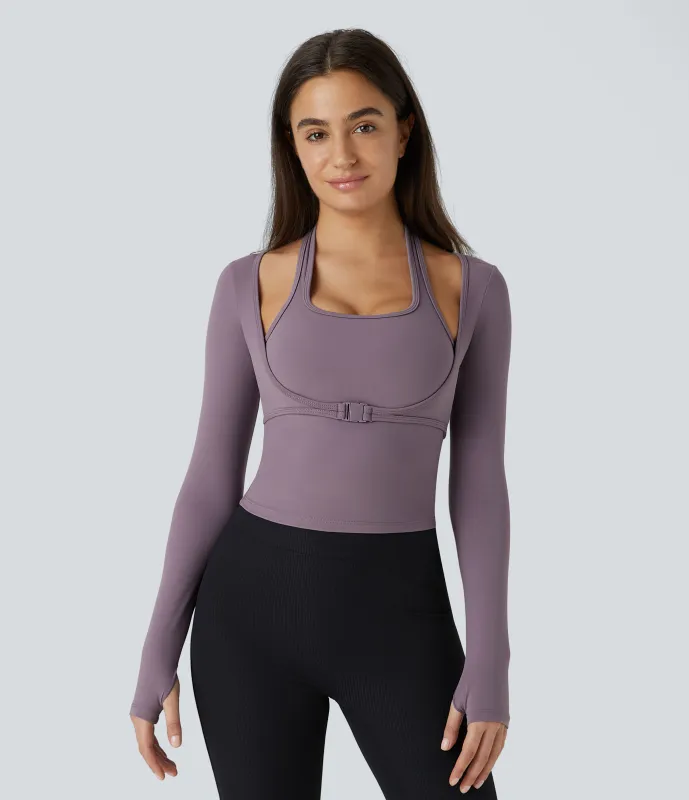 Halara Top Softlyzero™ Plush deportivo yoga 2 en 1 manga larga abertura pulgar cuello halter - Tulip Purple - XS(Long) sold by Halara