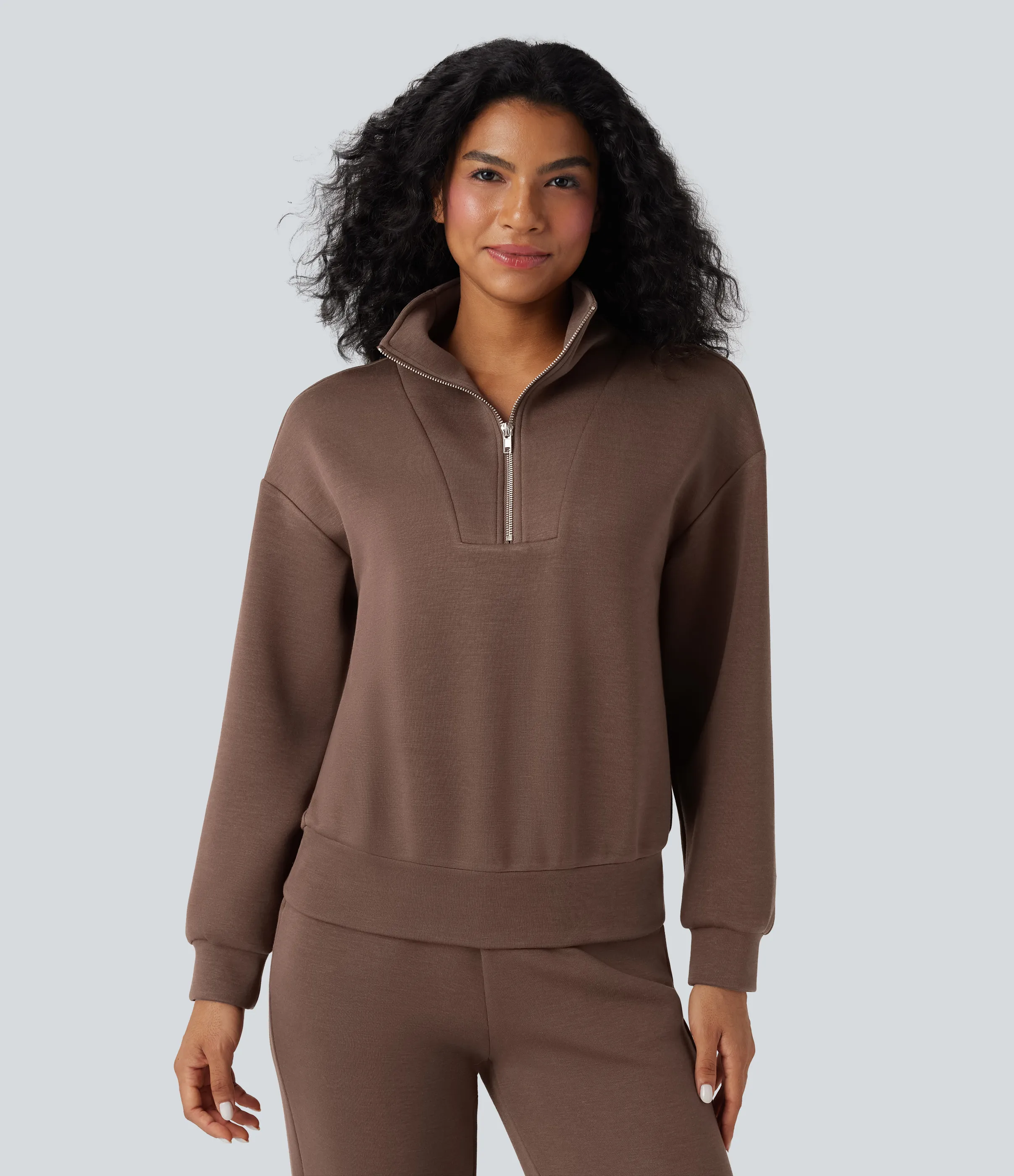 Halara Sudadera casual de manga larga con cuello de embudo y media cremallera - Cocoa Brown - XL sold by Halara