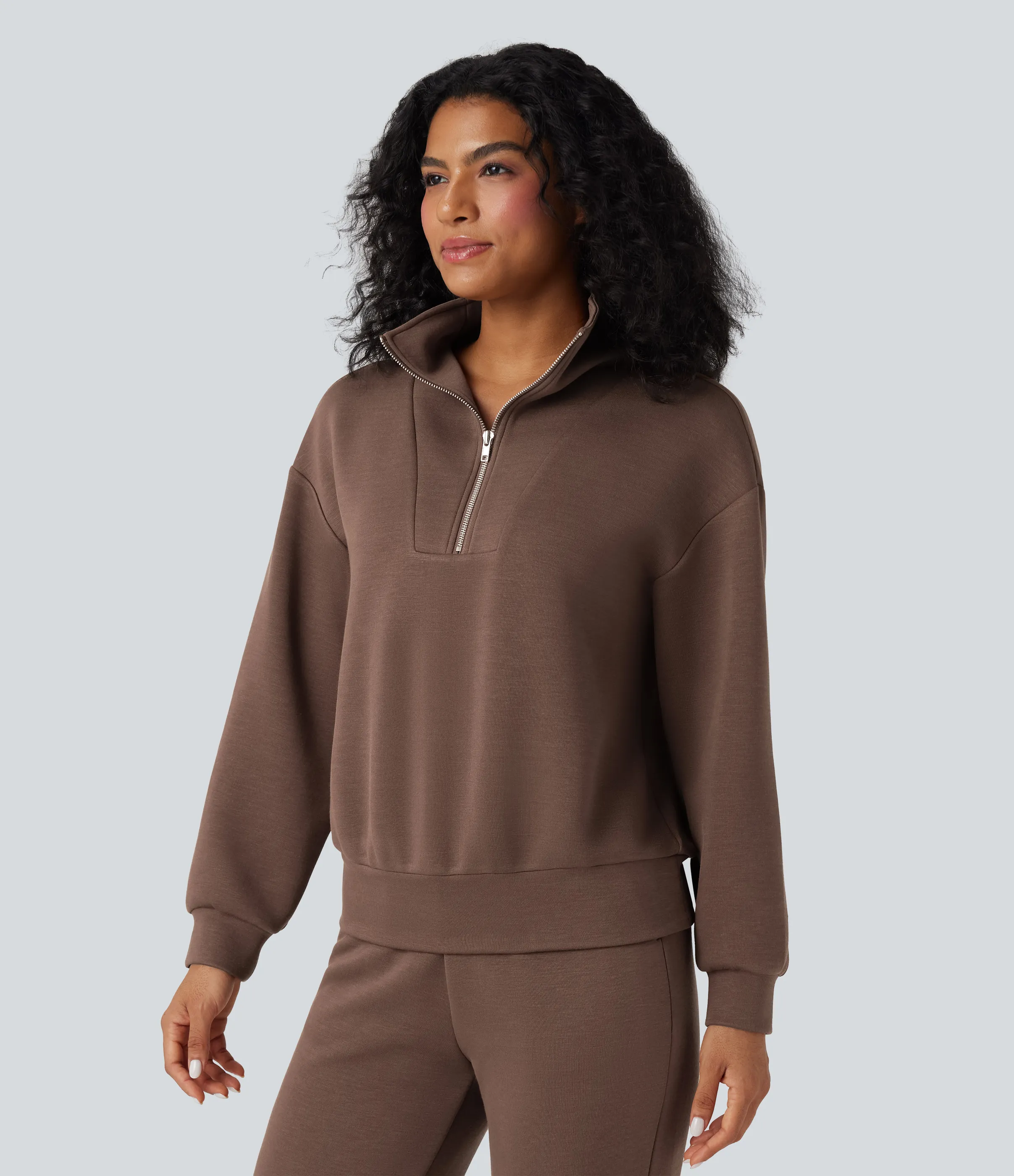 Halara Sudadera casual de manga larga con cuello de embudo y media cremallera - Cocoa Brown - XL sold by Halara product image thumbnail 4