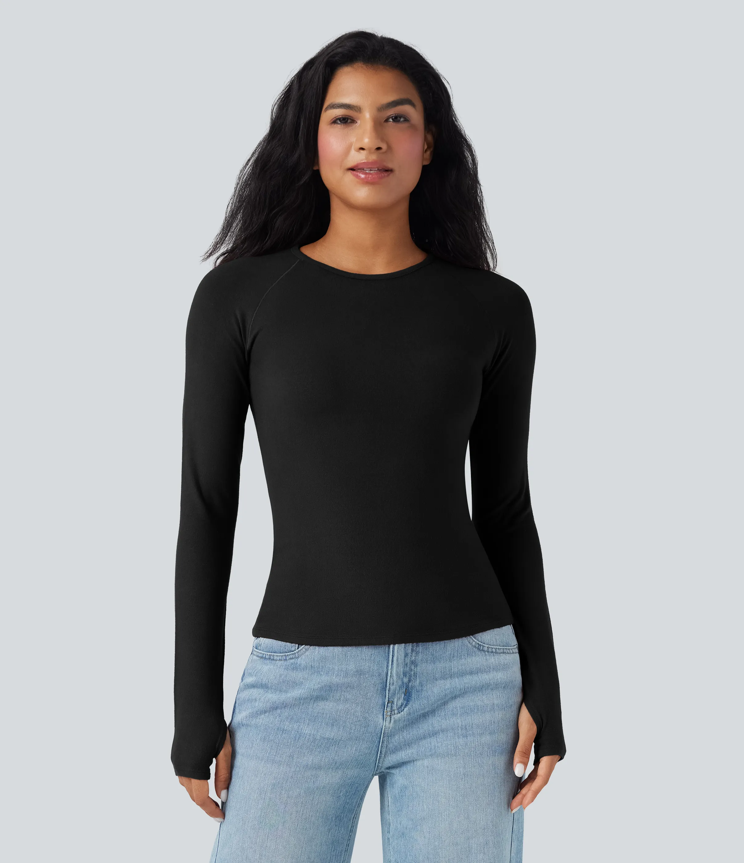 Halara Top casual ajustado de cuello redondo y manga larga con agujeros para los pulgares - Black - XL sold by Halara product image thumbnail 4