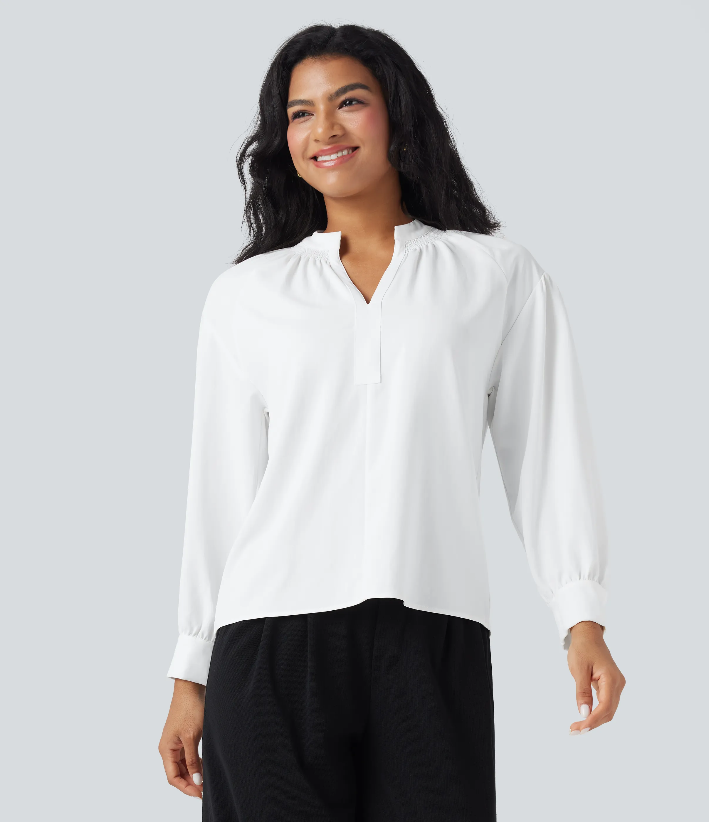 Halara Camisa de oficina de manga larga con cuello en V - White - S sold by Halara product image thumbnail 5