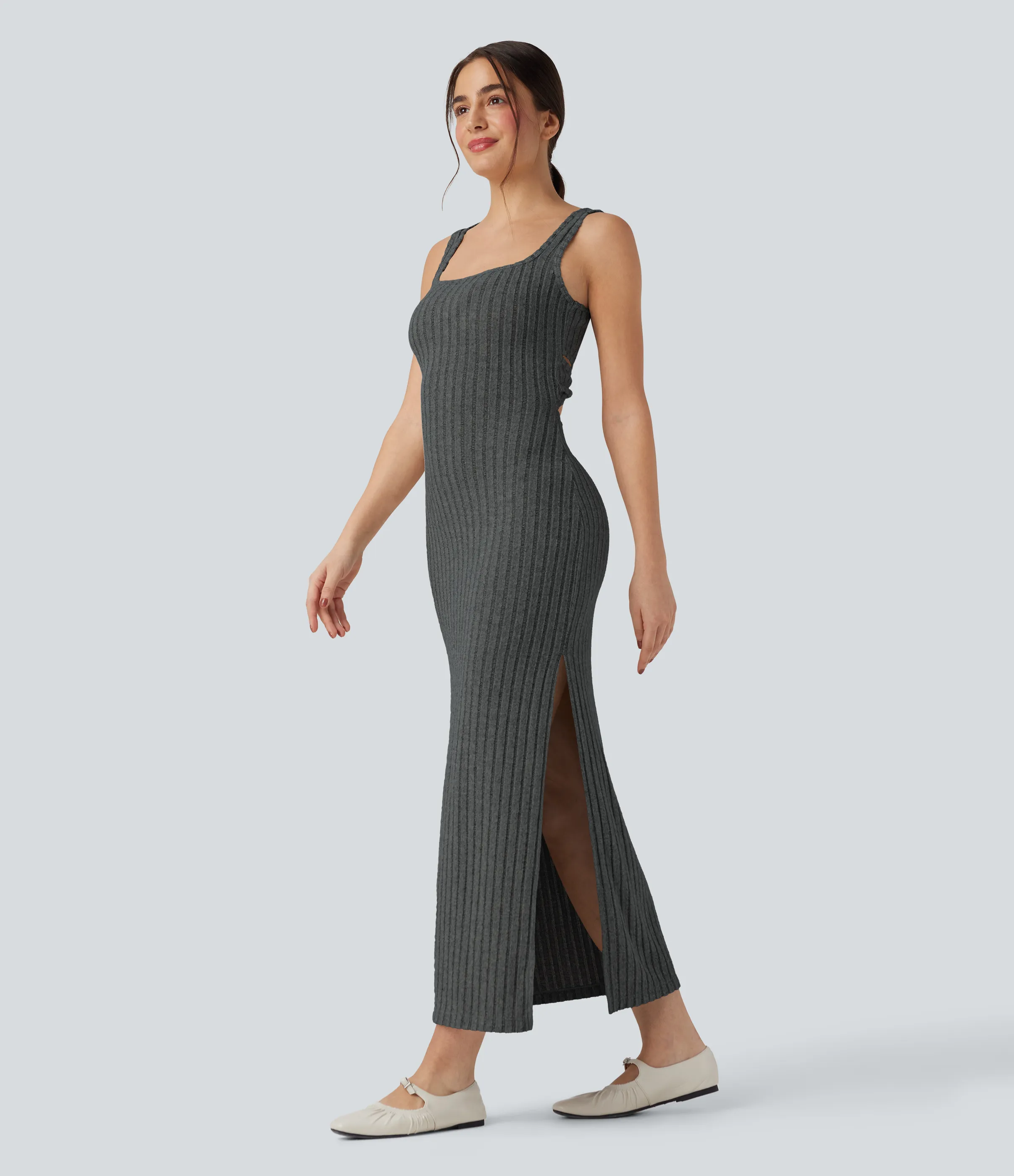 Halara Vestido largo casual ajustado con escote cuadrado sin mangas y espalda torcida con abertura en el bajo - Mottled Dark Gray - M sold by Halara product image thumbnail 4