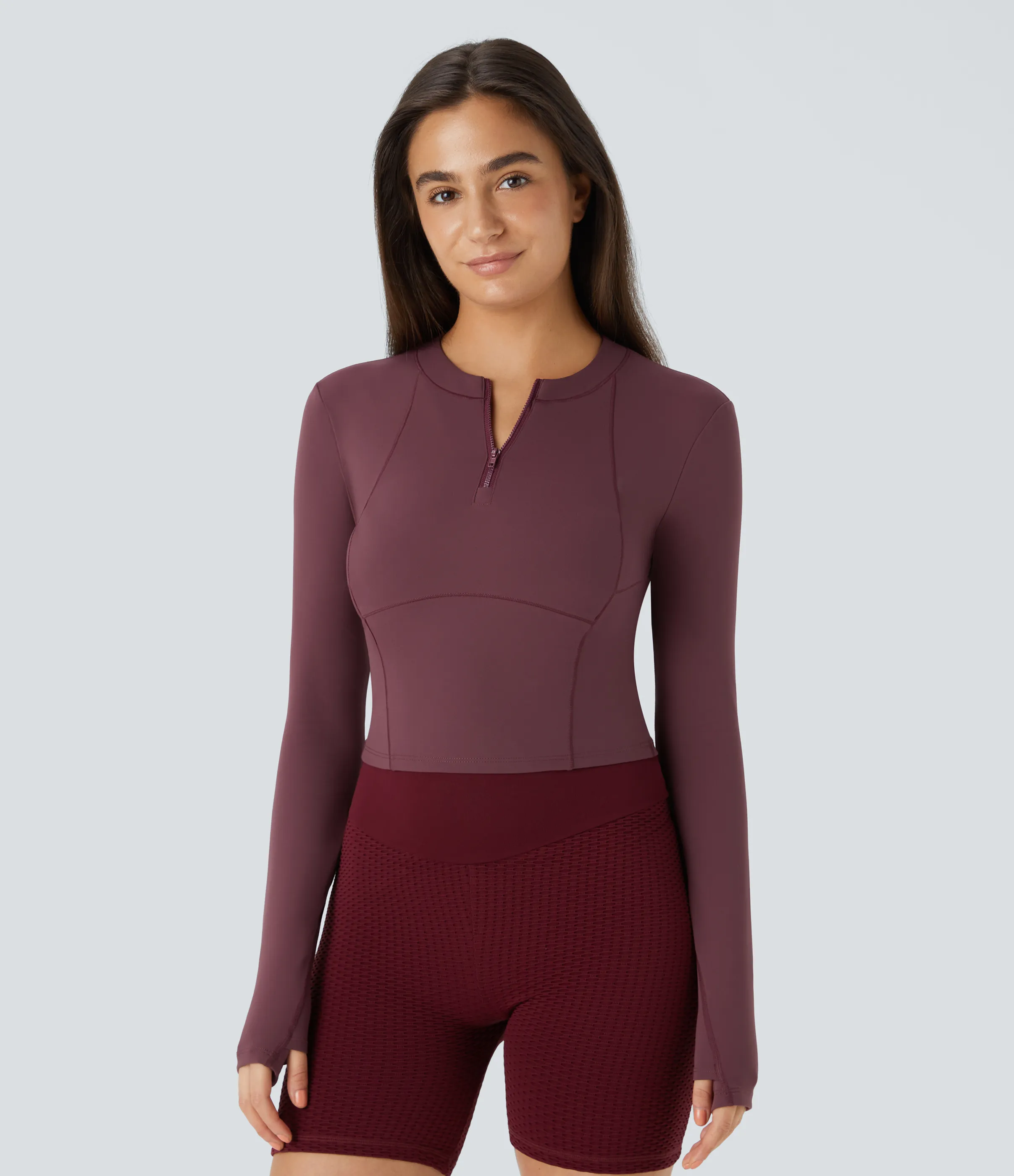 Halara Softlyzero™ Plush Sports Top deportivo golf manga larga media cremallera ojal para pulgar - Red Mahogany - S sold by Halara