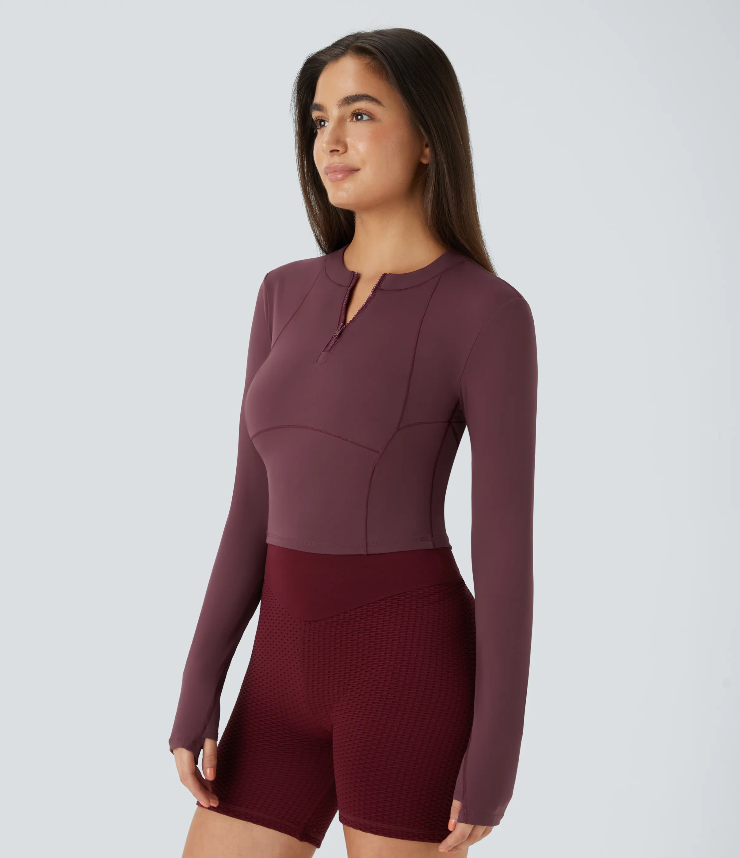 Halara Softlyzero™ Plush Sports Top deportivo golf manga larga media cremallera ojal para pulgar - Red Mahogany - S sold by Halara product image thumbnail 4