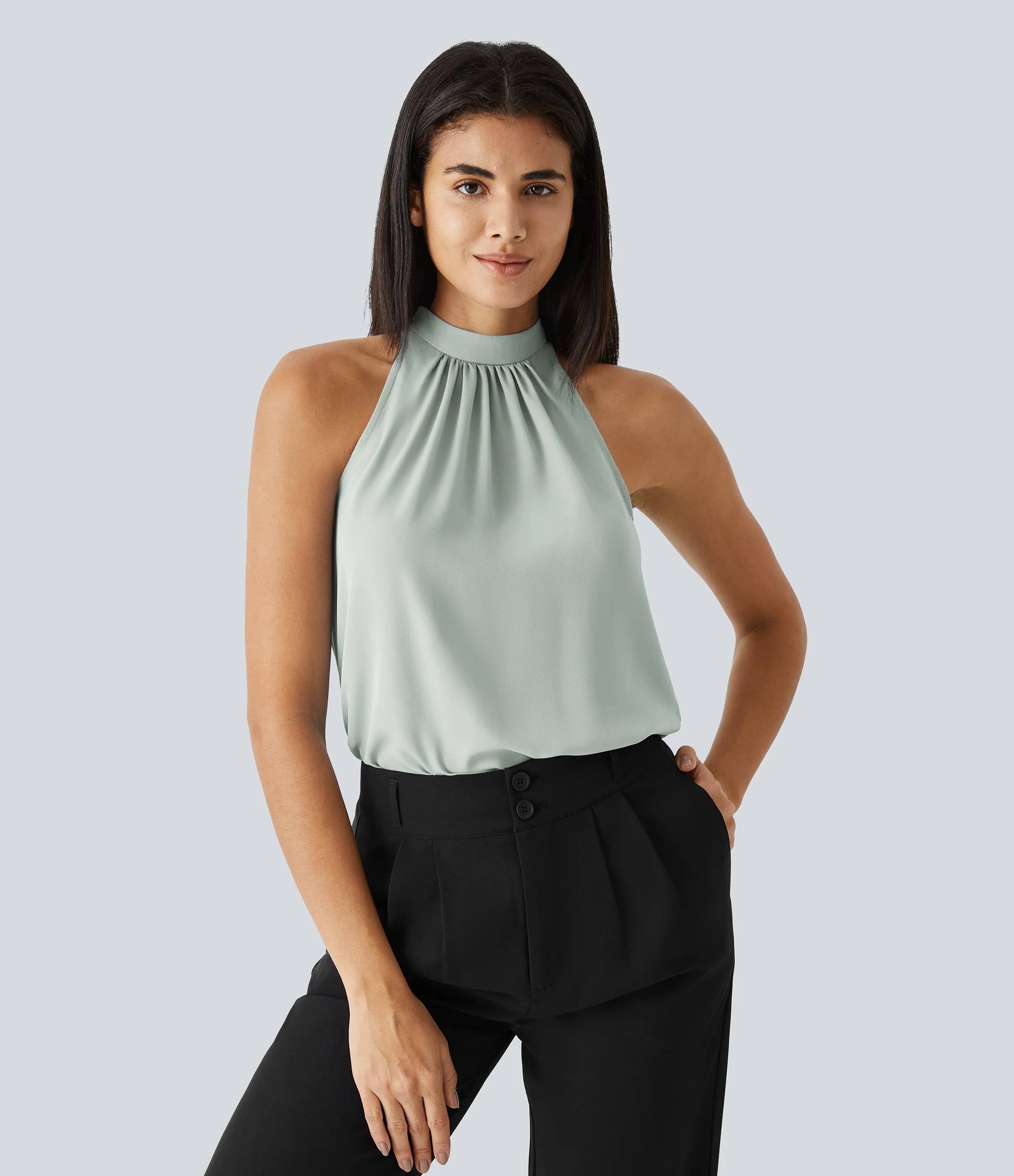 Halara Blusa oficina dobladillo curvado sin manga plisada abertura espalda halter - Pale Clay Green - L sold by Halara product image thumbnail 4