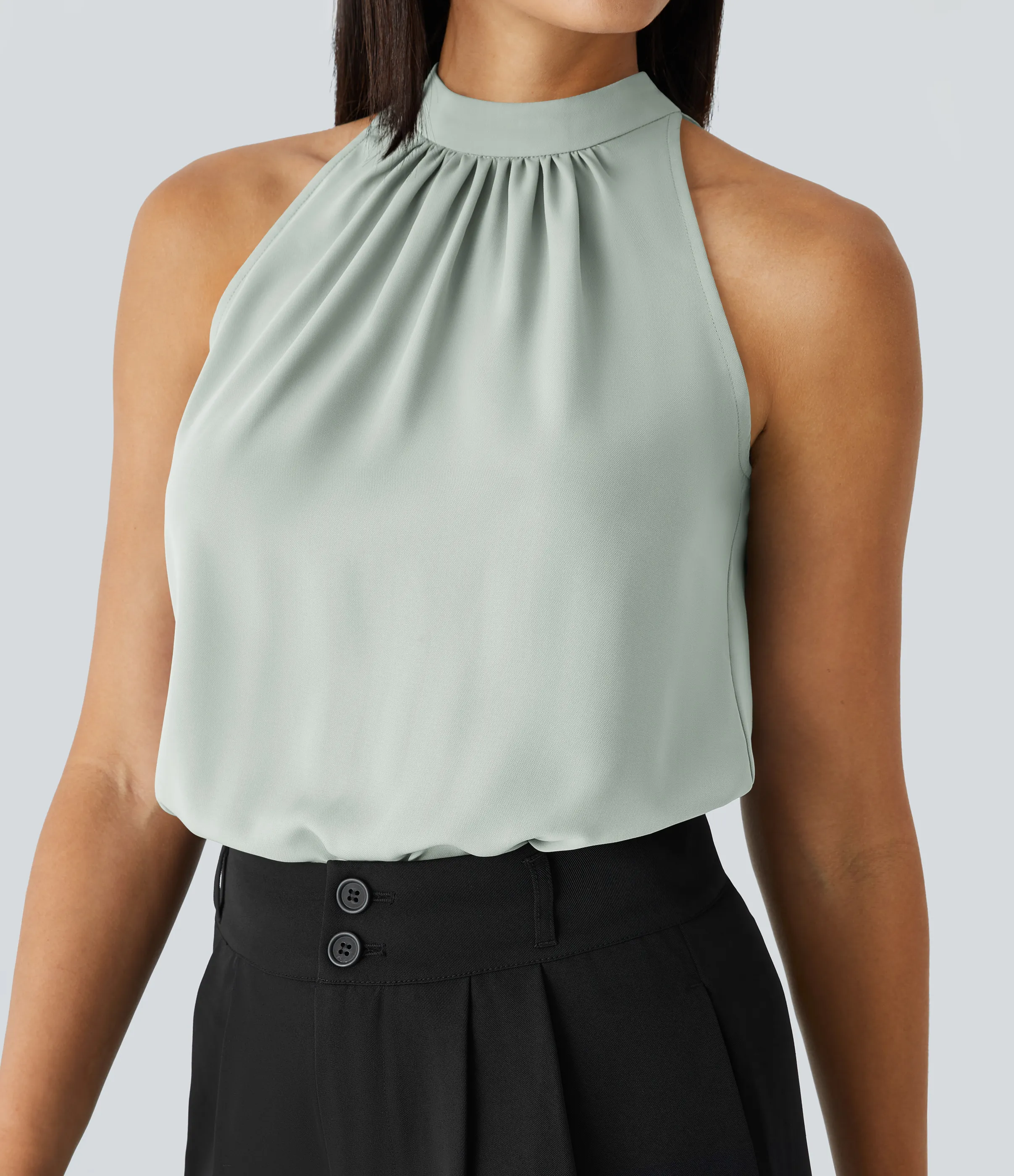 Halara Blusa oficina dobladillo curvado sin manga plisada abertura espalda halter - Pale Clay Green - L sold by Halara product image thumbnail 5