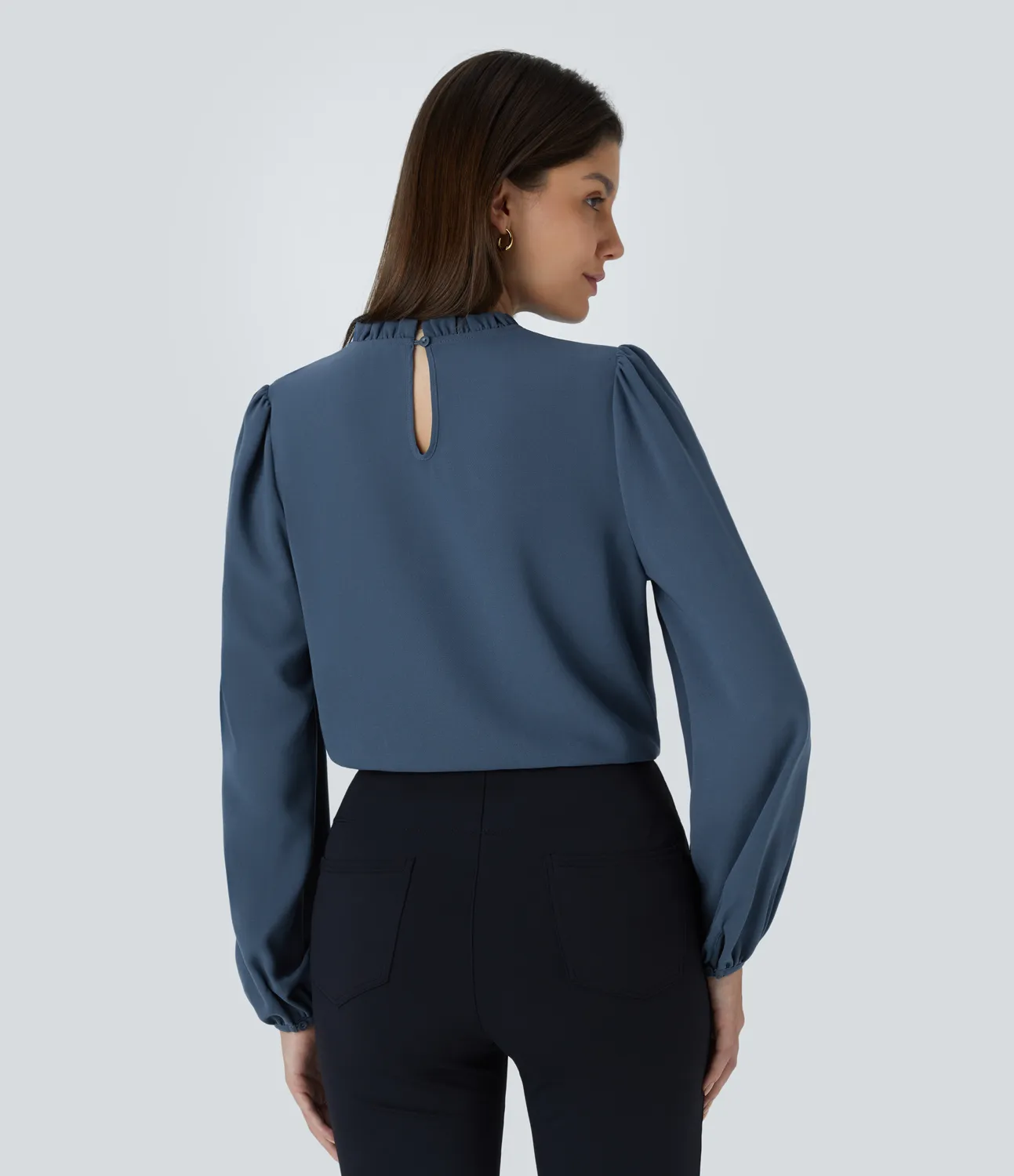 Halara Blusa oficina cuello redondo volante abertura espalda manga larga - Starry Blue - L sold by Halara product image thumbnail 3