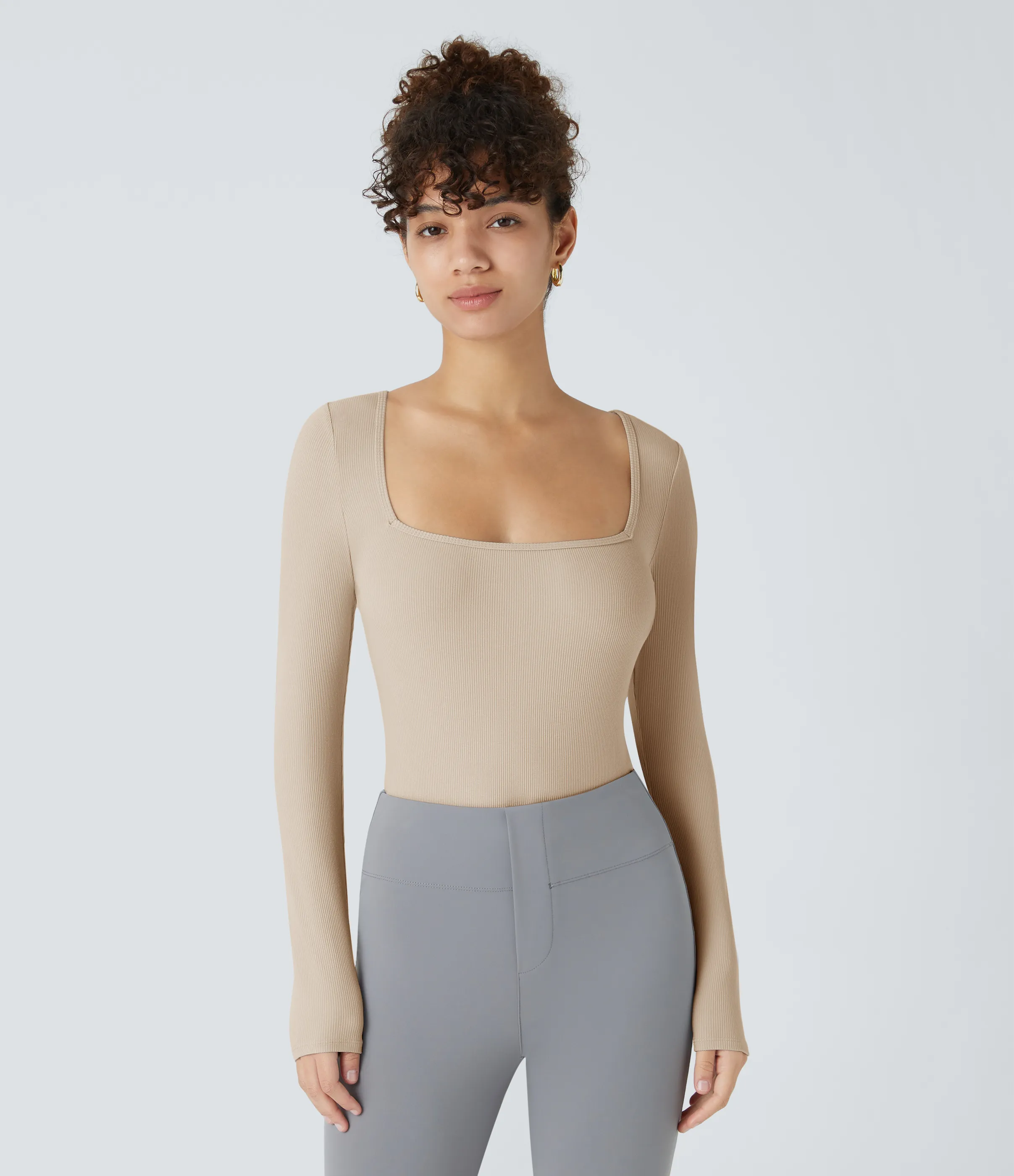 Halara Body oficina ajustado botón manga larga cuello cuadrado acanalado - Tapioca - L sold by Halara product image thumbnail 3