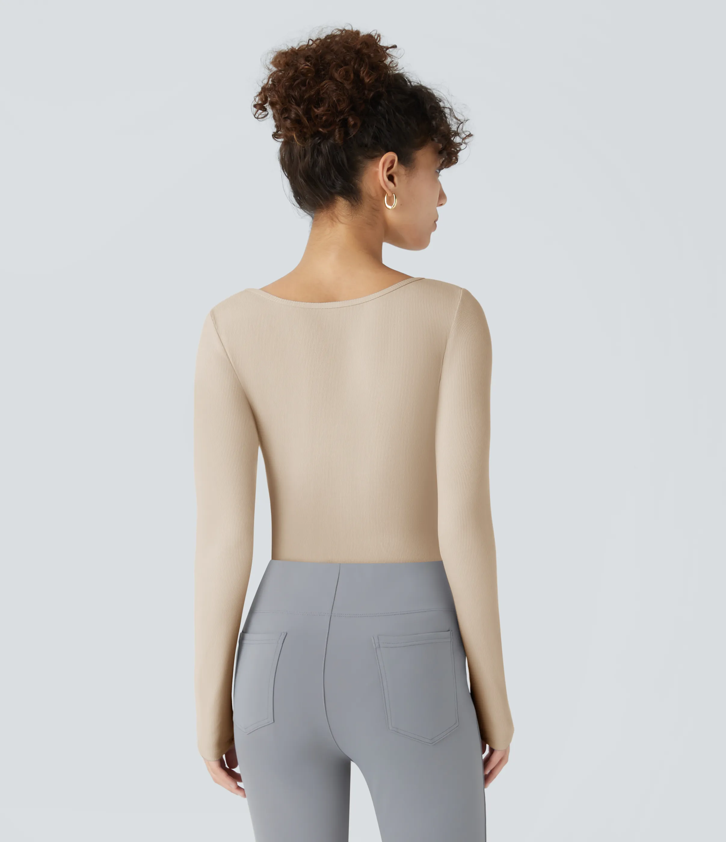 Halara Body oficina ajustado botón manga larga cuello cuadrado acanalado - Tapioca - L sold by Halara product image thumbnail 4