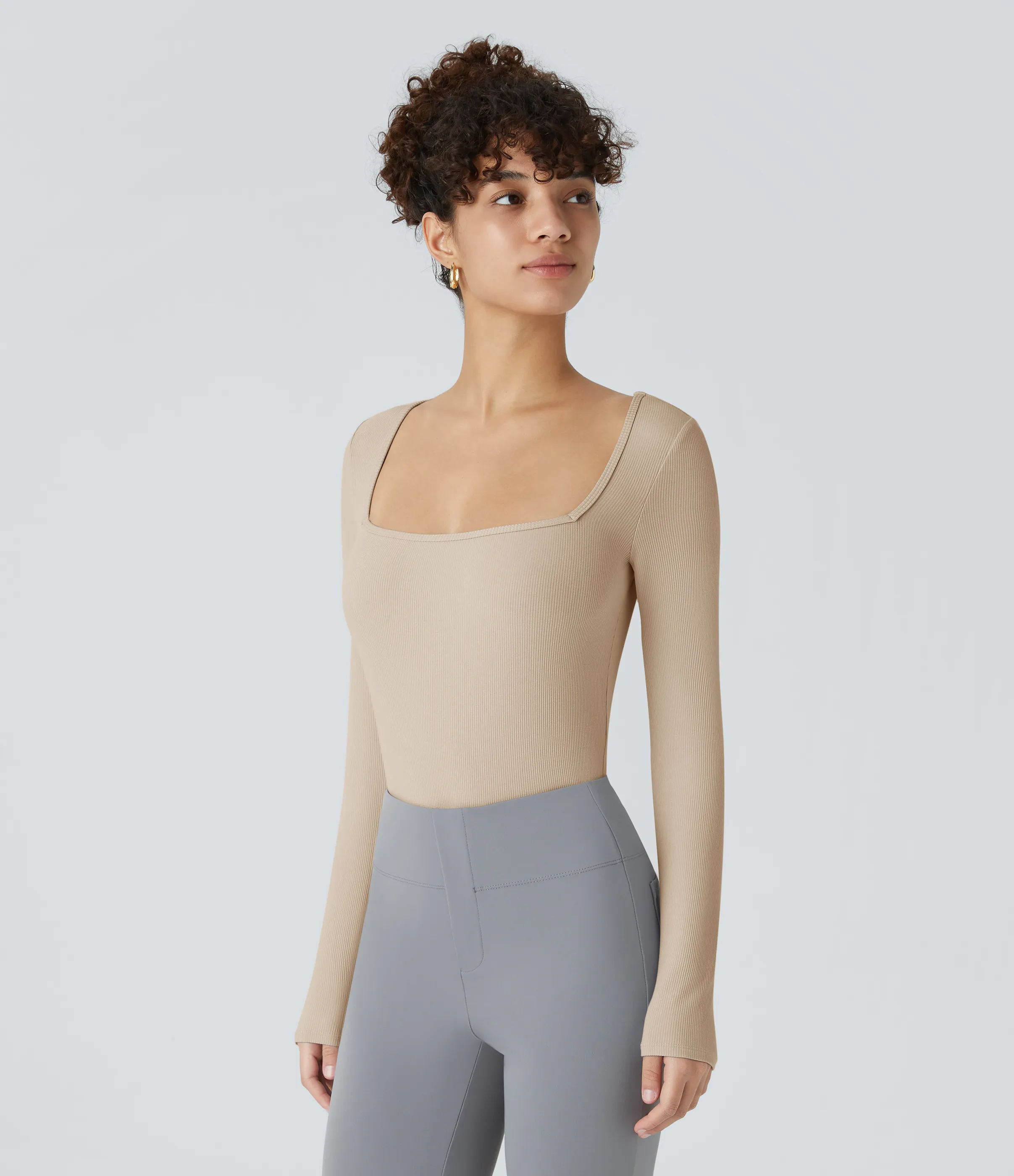 Halara Body oficina ajustado botón manga larga cuello cuadrado acanalado - Tapioca - L sold by Halara product image thumbnail 5