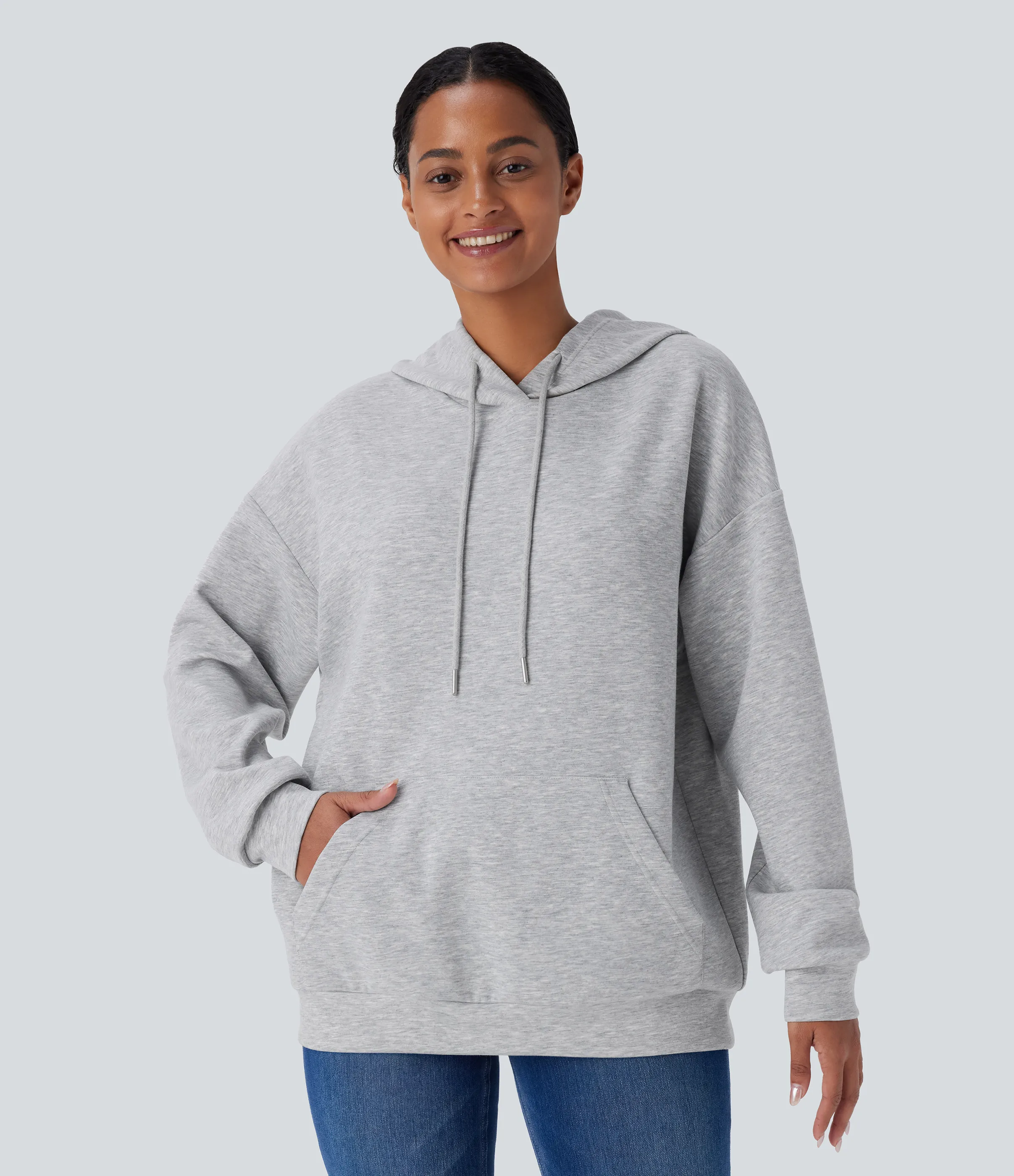 Halara Sudadera capucha cordón ajustable manga larga bolsillo canguro abertura cruzada - Fog Gray - S sold by Halara product image thumbnail 3