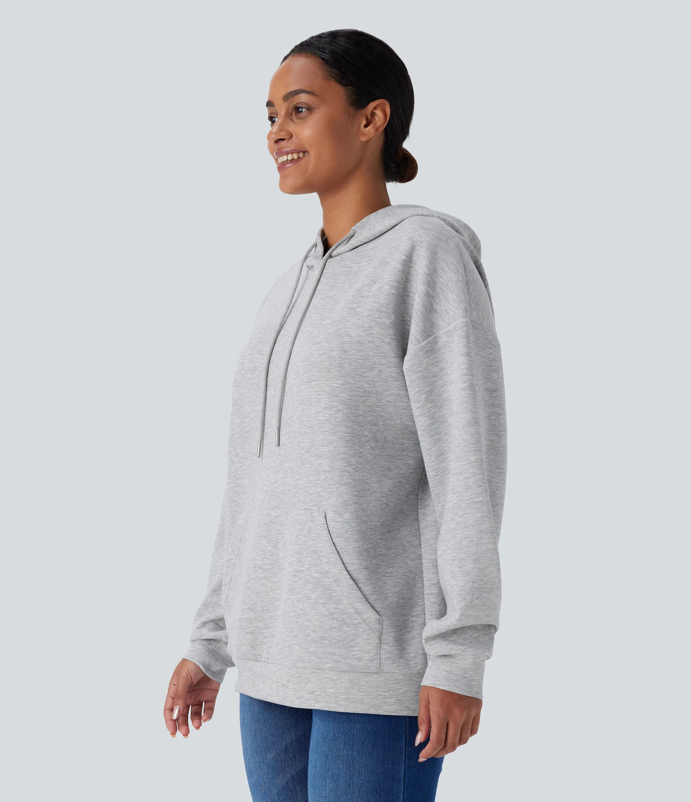 Halara Sudadera capucha cordón ajustable manga larga bolsillo canguro abertura cruzada - Fog Gray - S sold by Halara product image thumbnail 4