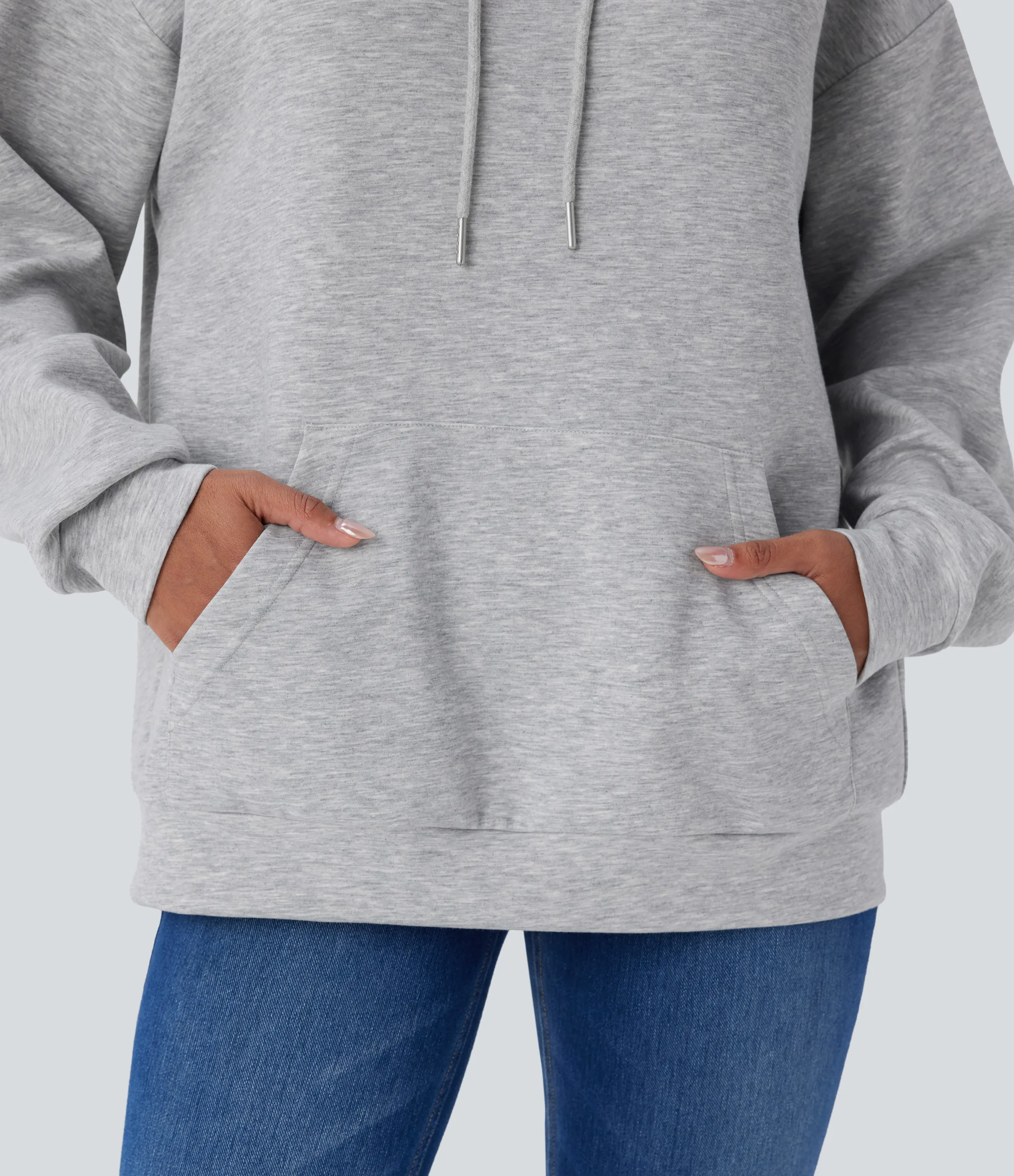 Halara Sudadera capucha cordón ajustable manga larga bolsillo canguro abertura cruzada - Fog Gray - S sold by Halara product image thumbnail 5