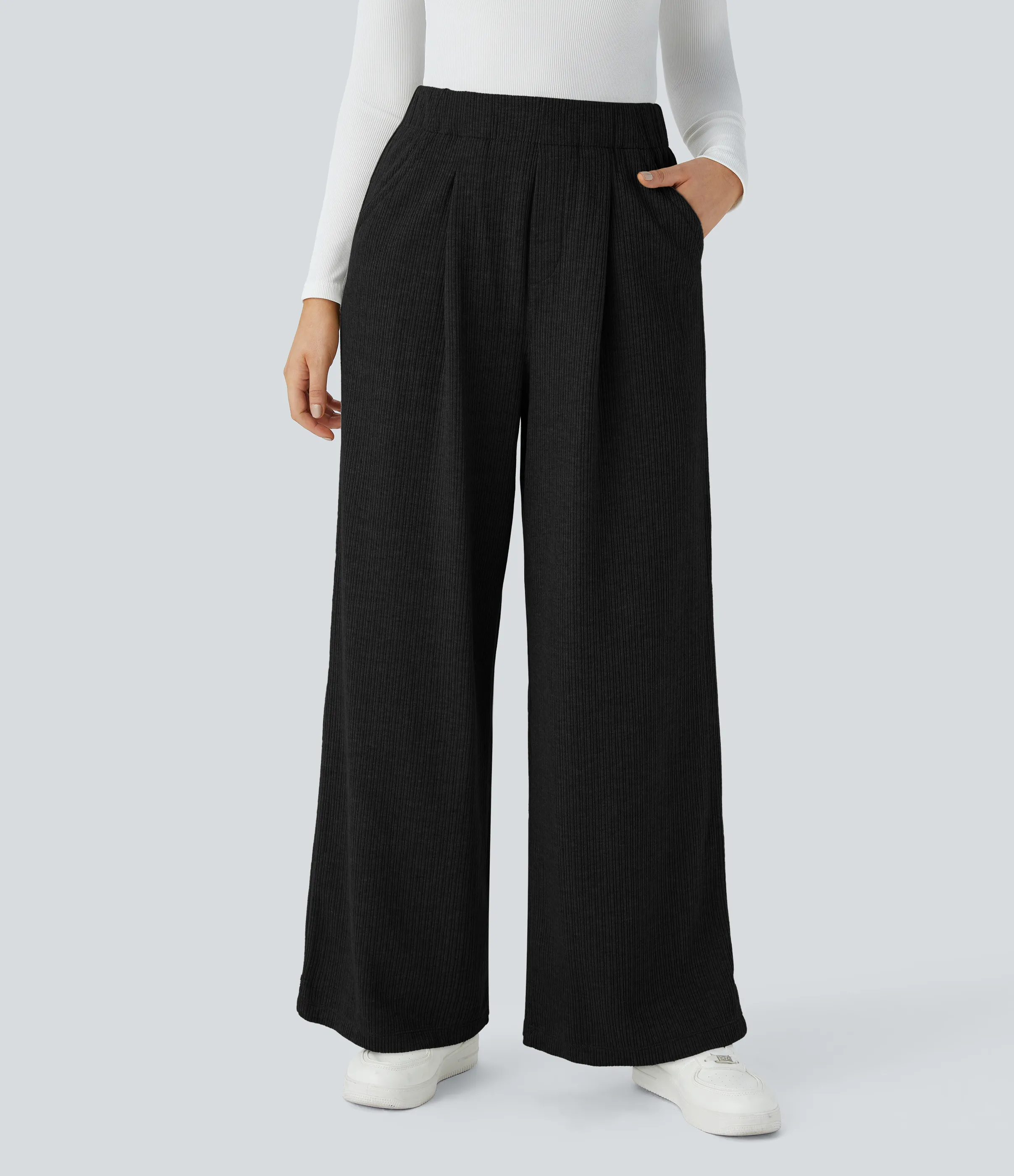 Halara Pantalón pierna ancha bolsillo lateral plisado tiro alto canalé - Black - XL(regular) sold by Halara product image thumbnail 2