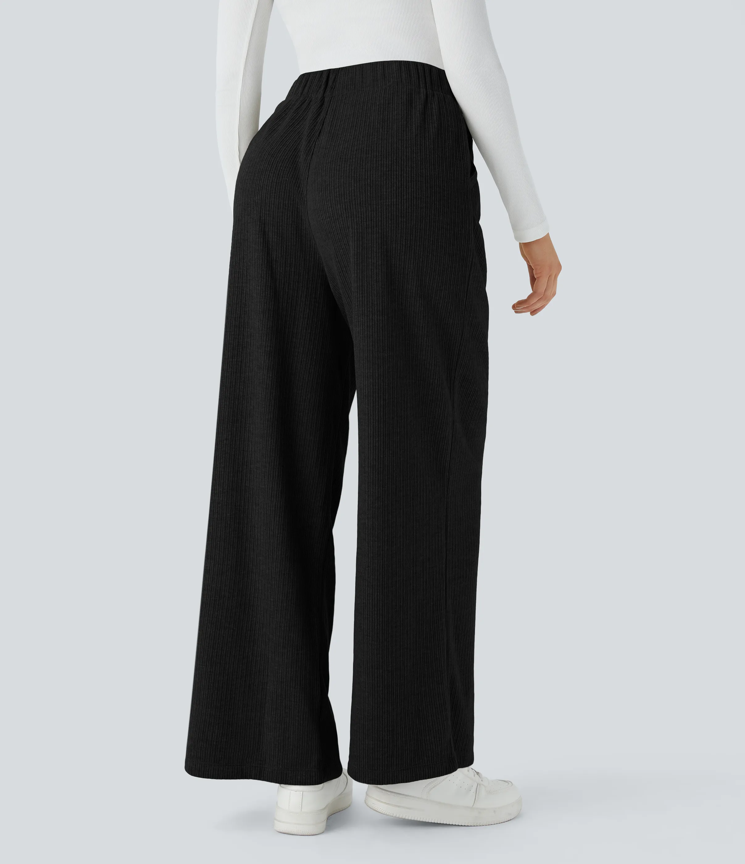 Halara Pantalón pierna ancha bolsillo lateral plisado tiro alto canalé - Black - XL(regular) sold by Halara product image thumbnail 3