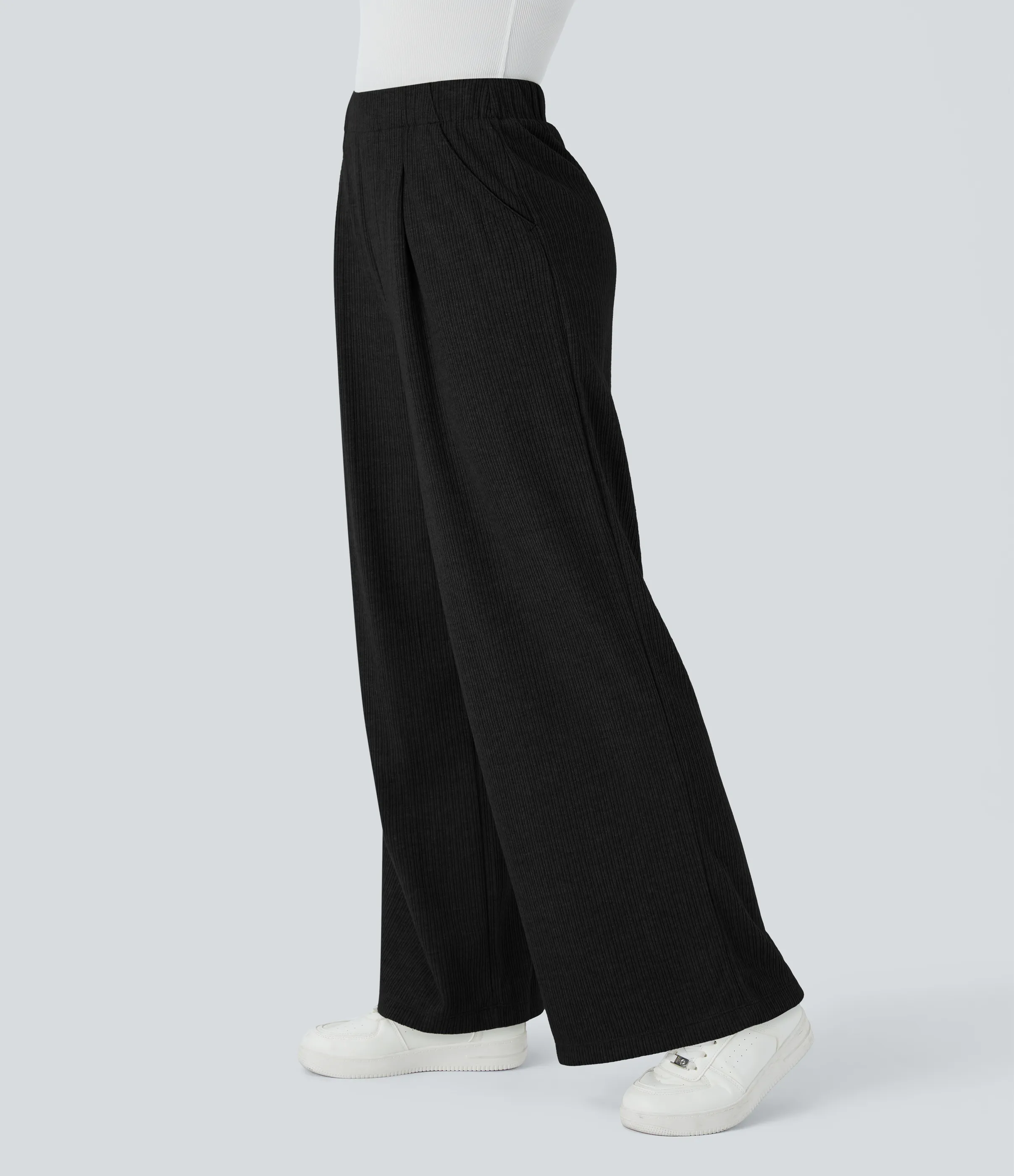 Halara Pantalón pierna ancha bolsillo lateral plisado tiro alto canalé - Black - XL(regular) sold by Halara product image thumbnail 4