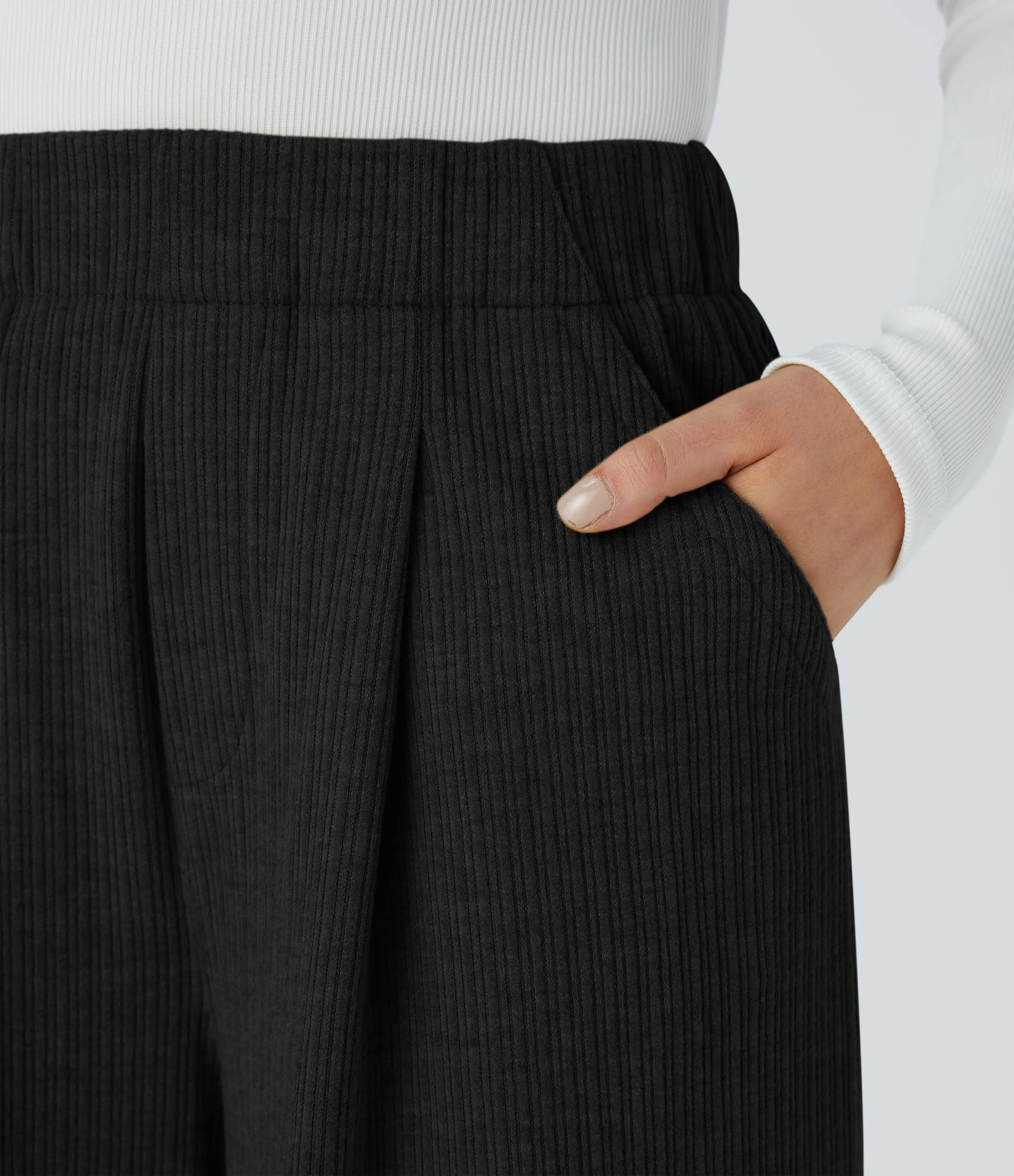 Halara Pantalón pierna ancha bolsillo lateral plisado tiro alto canalé - Black - XL(regular) sold by Halara product image thumbnail 5