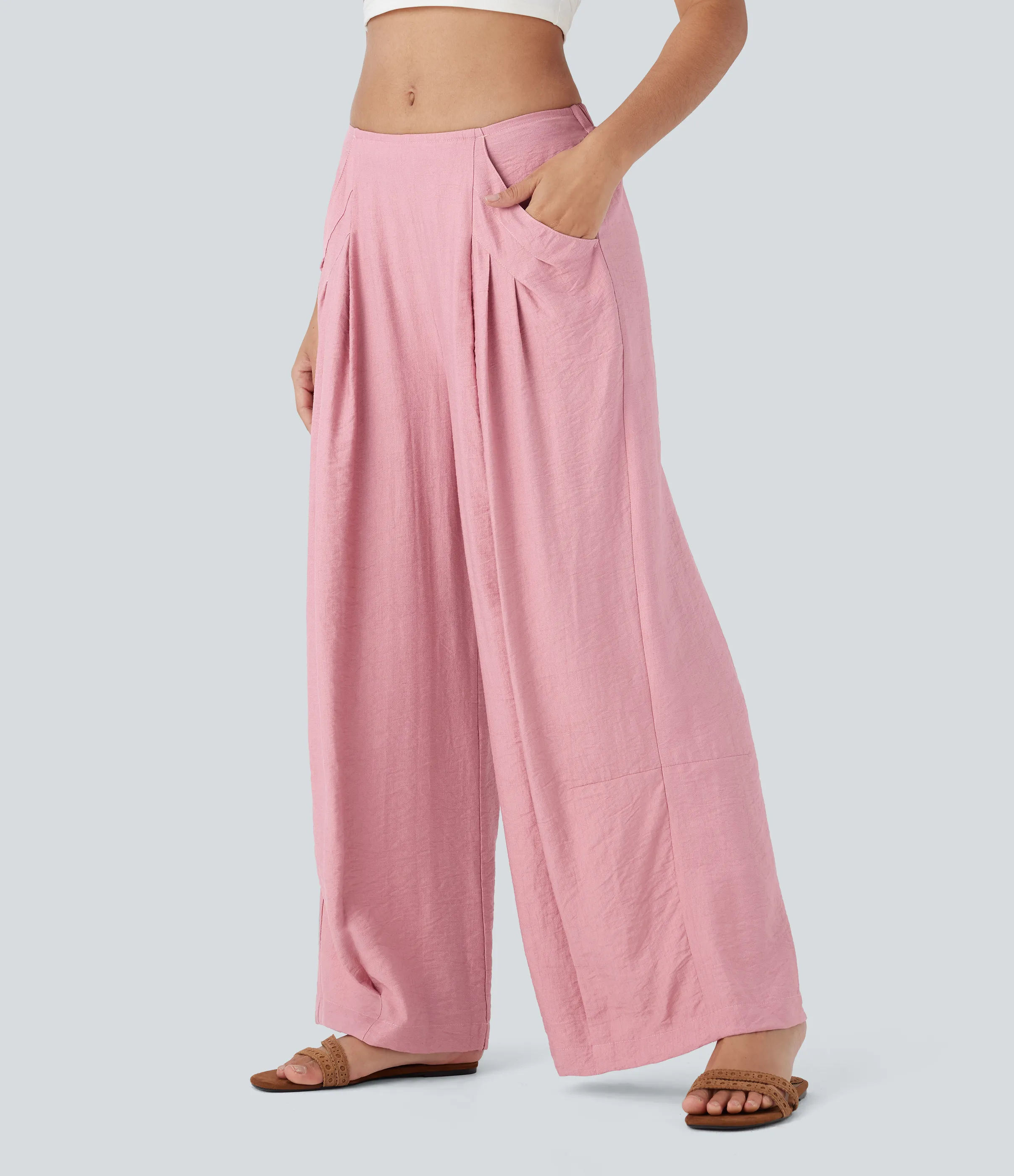 Halara Pantaón pierna ancha bolsillo lateral tiro medio - Rose Tan - L(regular) sold by Halara