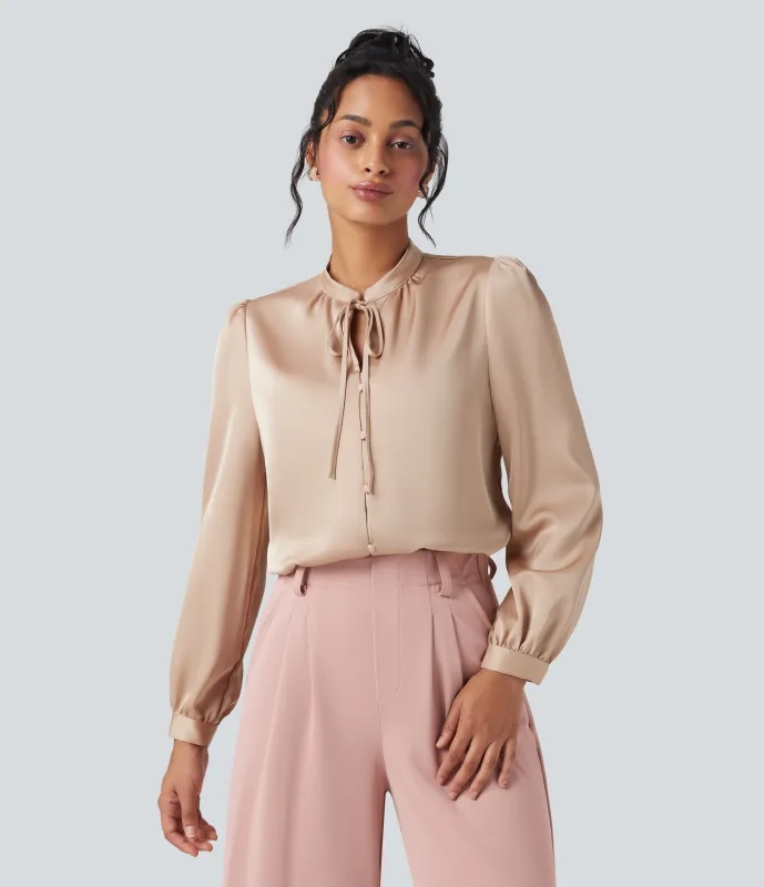 Halara Camisa de oficina de manga larga con lazo delantero - Toasted Almond - XS sold by Halara