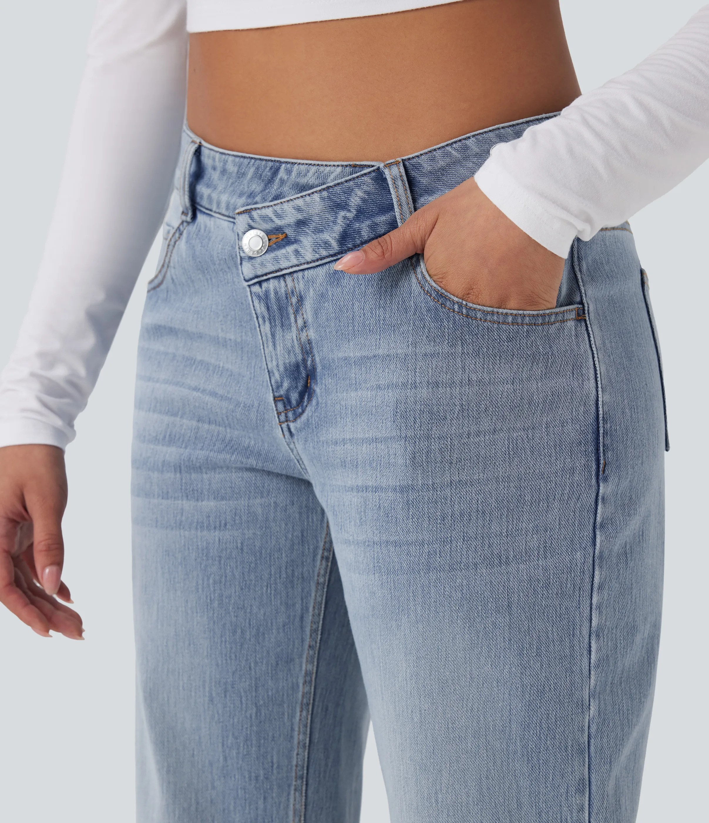 Halara Jeans casuales rectos Halara Flex™ de tiro bajo asimétricos con bolsillos - Baltic Sea Blue Denim - S(regular) sold by Halara product image thumbnail 5