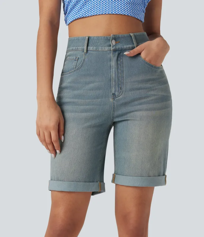 Halara Bermudas Halara Flex™ Denim mezclilla elástico lavado dobladillo enrollado múltiple bolsillo tiro alto - Blue Surf Denim - S(regular) sold by Halara