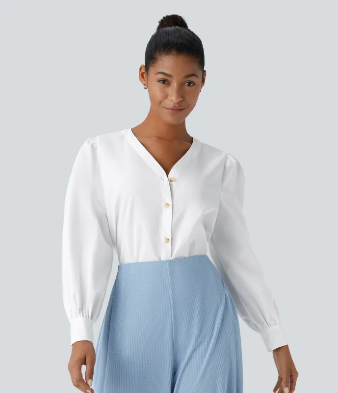 Halara Blusa oficina manga larga botón cuello V - White - XS sold by Halara