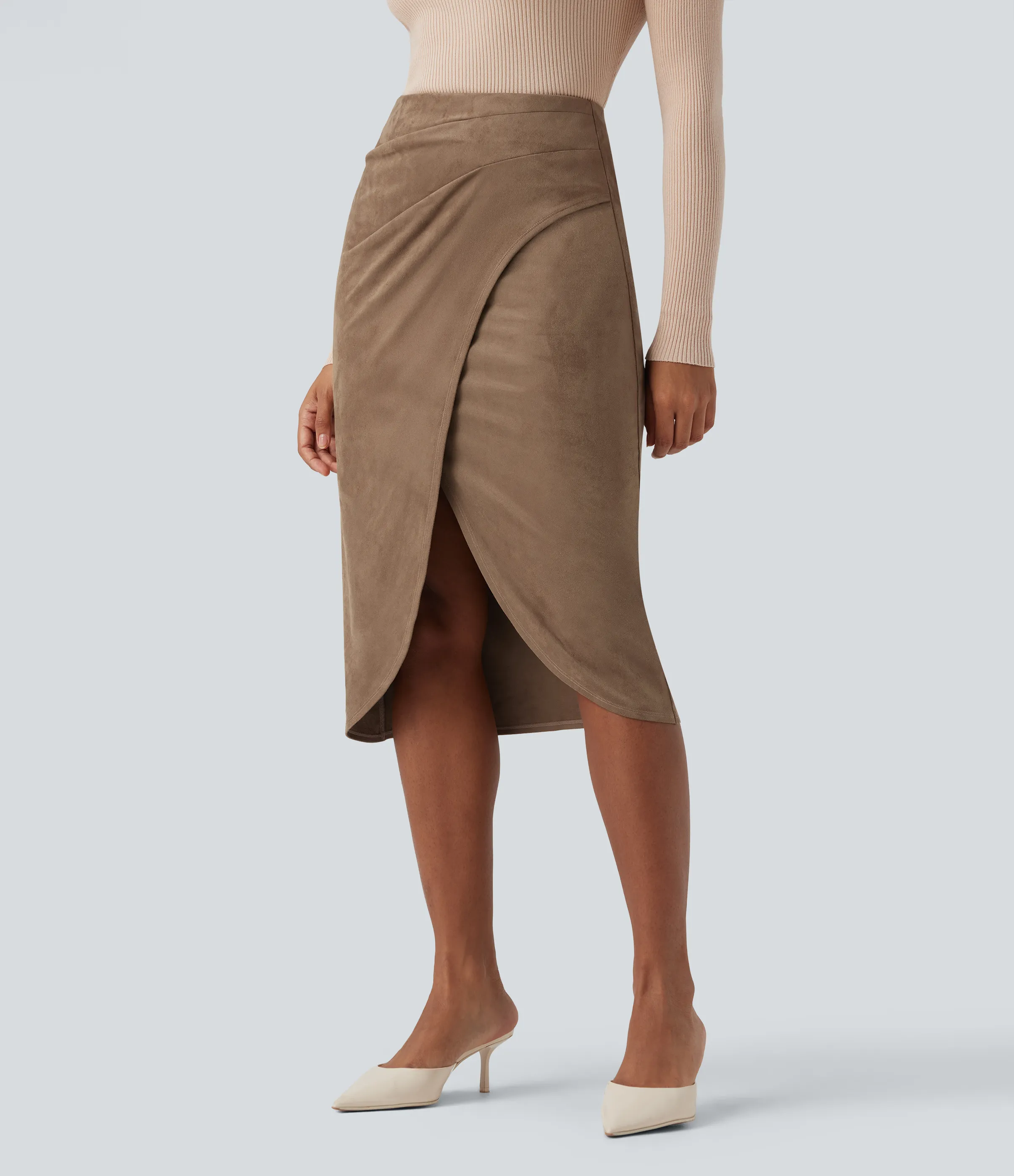 Halara Falda casual midi de ante con dobladillo tulipán y tiro alto - Coca Mocha - S(regular) sold by Halara product image thumbnail 4