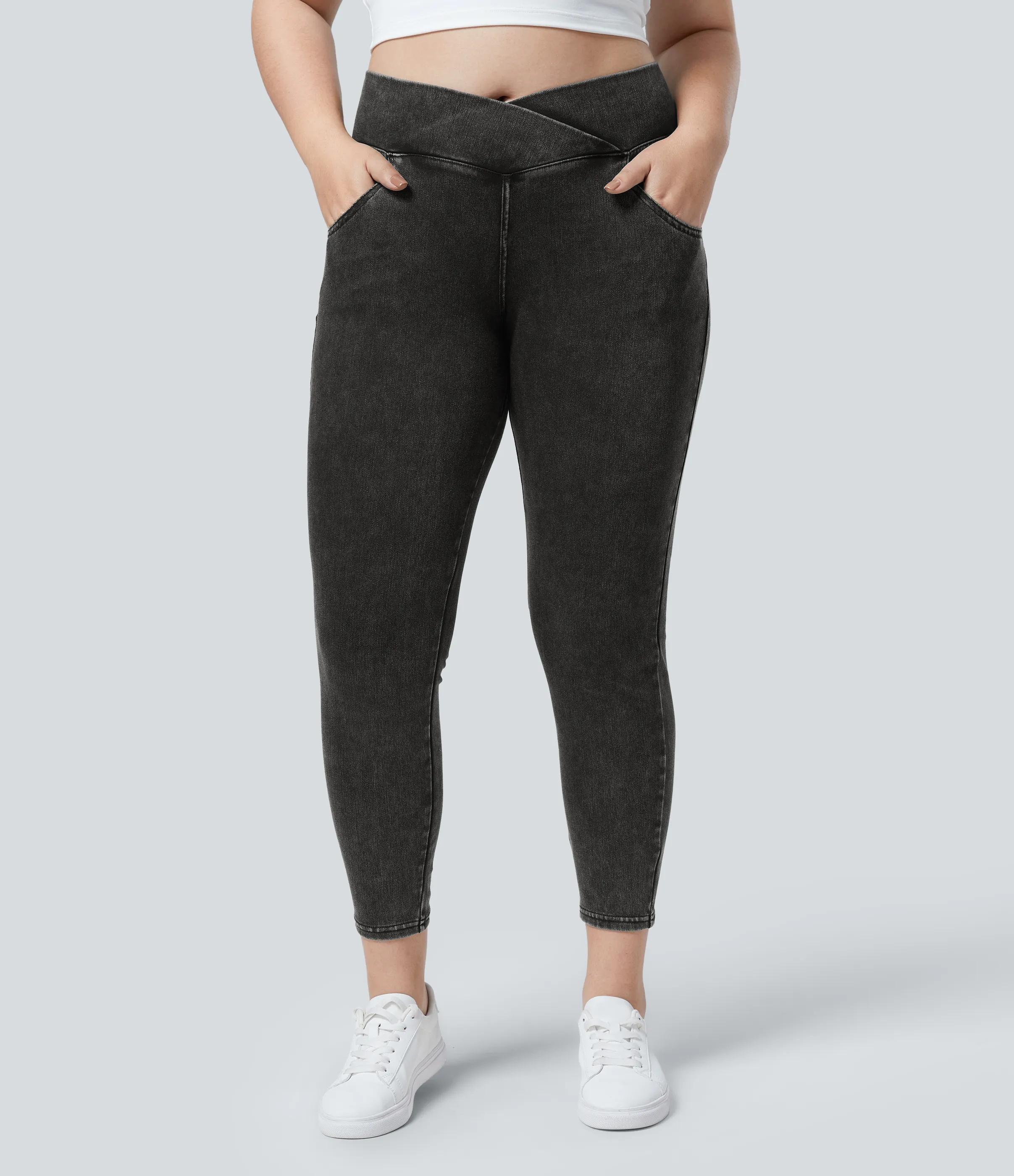 Halara Leggings Halara Flex™ Denim oficina cruzado elástico tiro alto bolsillo talla grande - Hemp Rope Black Denim - 1X(7/8) sold by Halara product image thumbnail 2