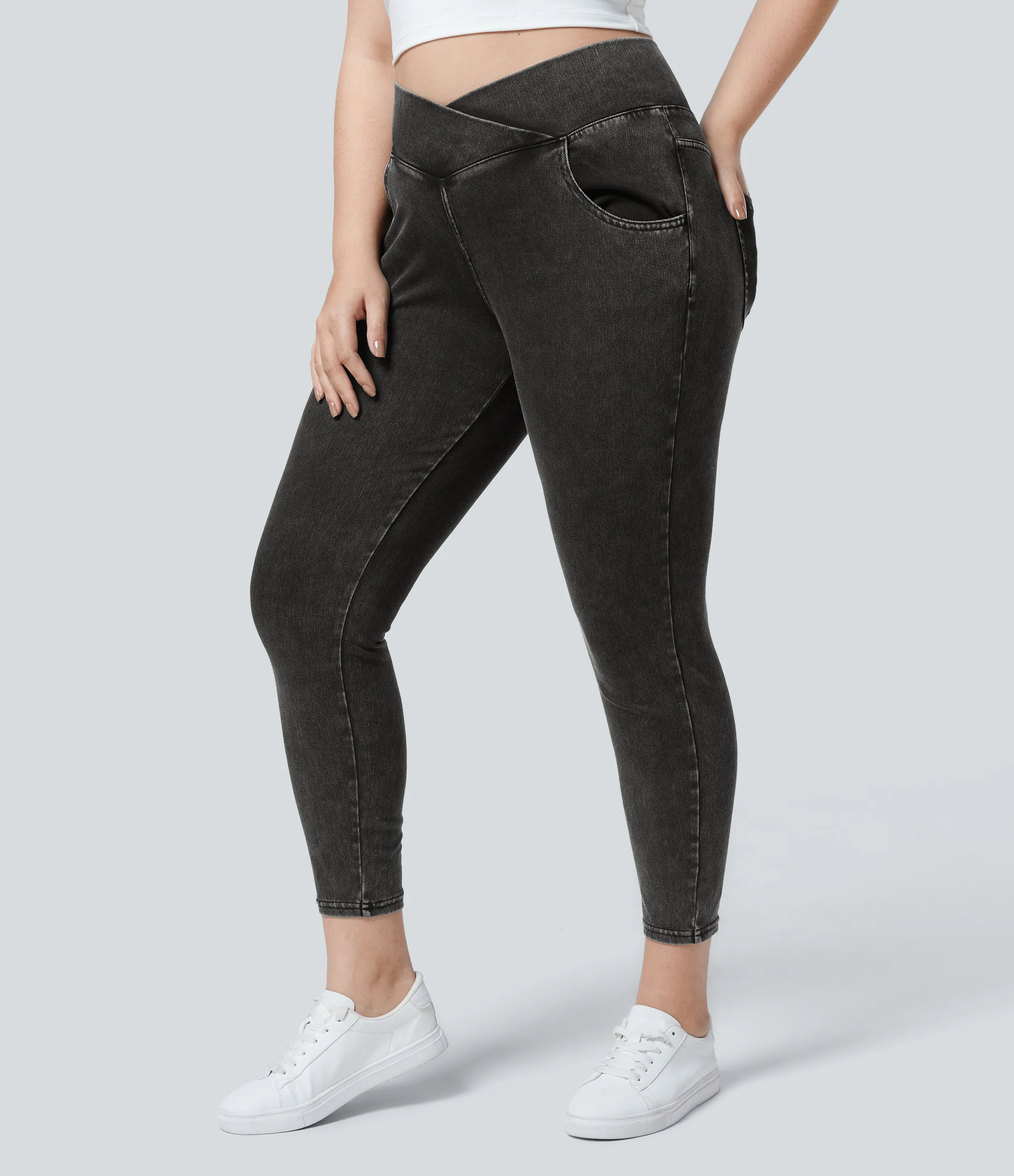 Halara Leggings Halara Flex™ Denim oficina cruzado elástico tiro alto bolsillo talla grande - Hemp Rope Black Denim - 1X(7/8) sold by Halara product image thumbnail 4