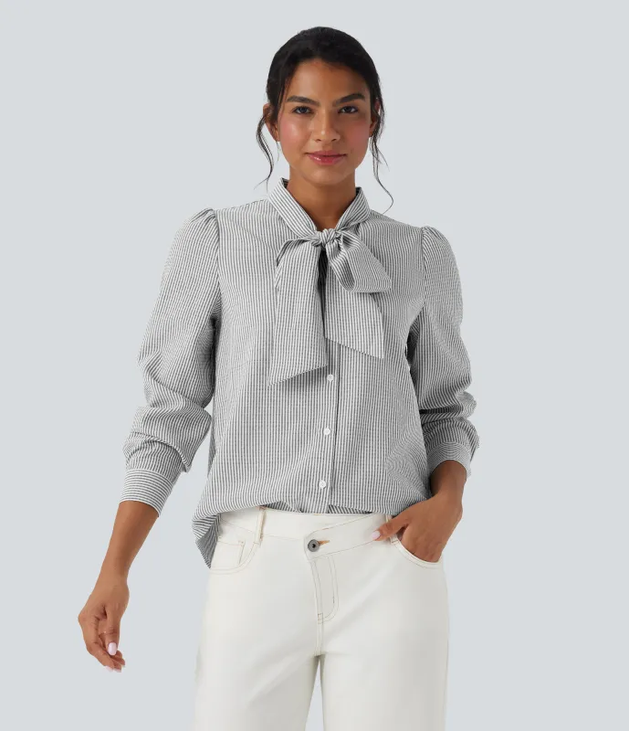 Halara Camisa casual a rayas de manga larga con lazo frontal - Light Black White Stripe - M sold by Halara